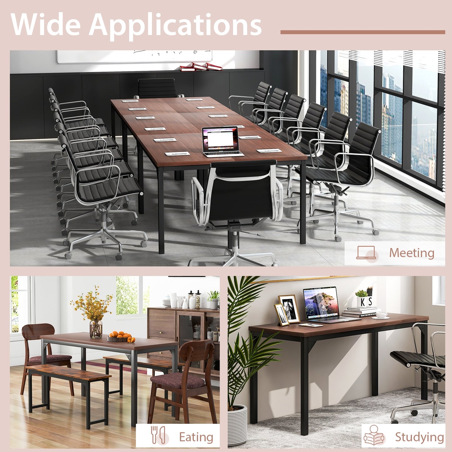 55 Inch Conference Table with Heavy-duty Metal Frame-Brown