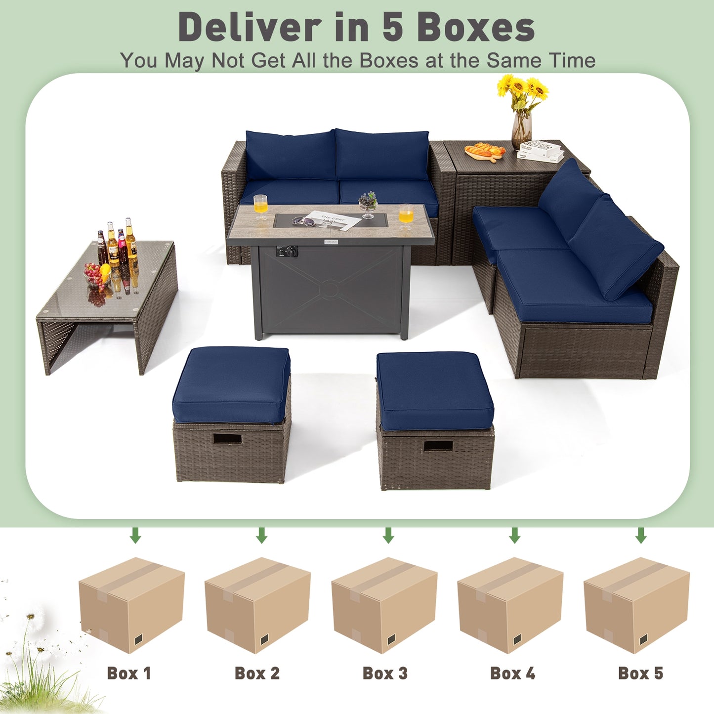 9 Pieces Outdoor Patio Furniture Set with 42 Inch Propane Fire Pit Table-Navy