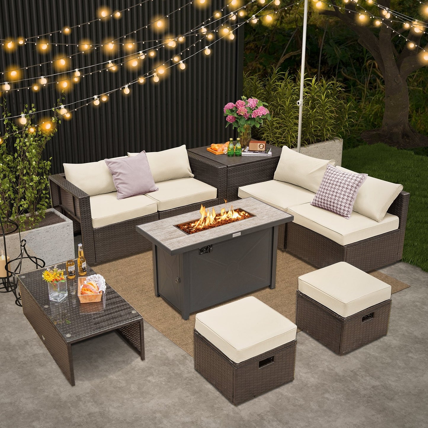 9 Pieces Outdoor Patio Furniture Set with 42 Inch Propane Fire Pit Table-Black