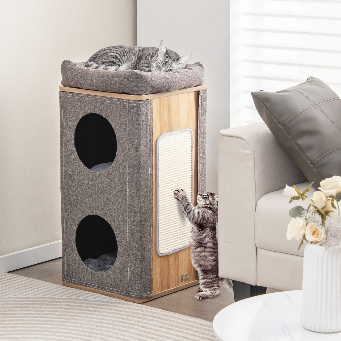3-Story Cat House with Scratching Board for Indoor Cats-Gray