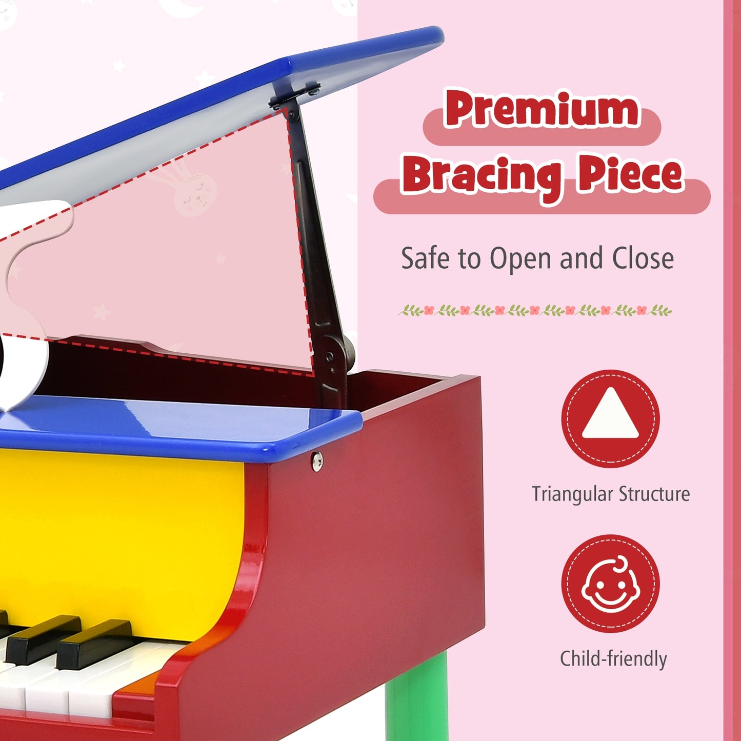 30-Key Wood Toy Kids Grand Piano with Bench and Music Rack-Multicolor