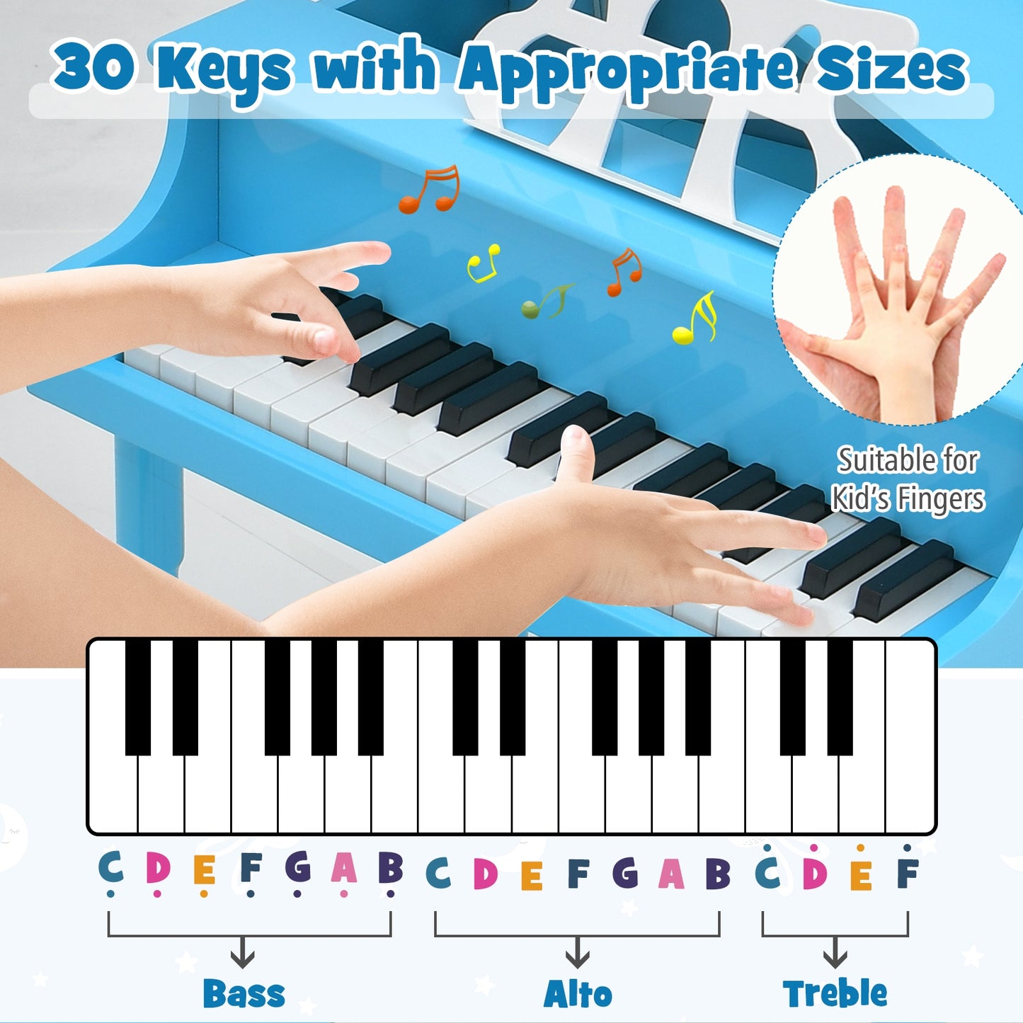30-Key Wood Toy Kids Grand Piano with Bench and Music Rack-Blue