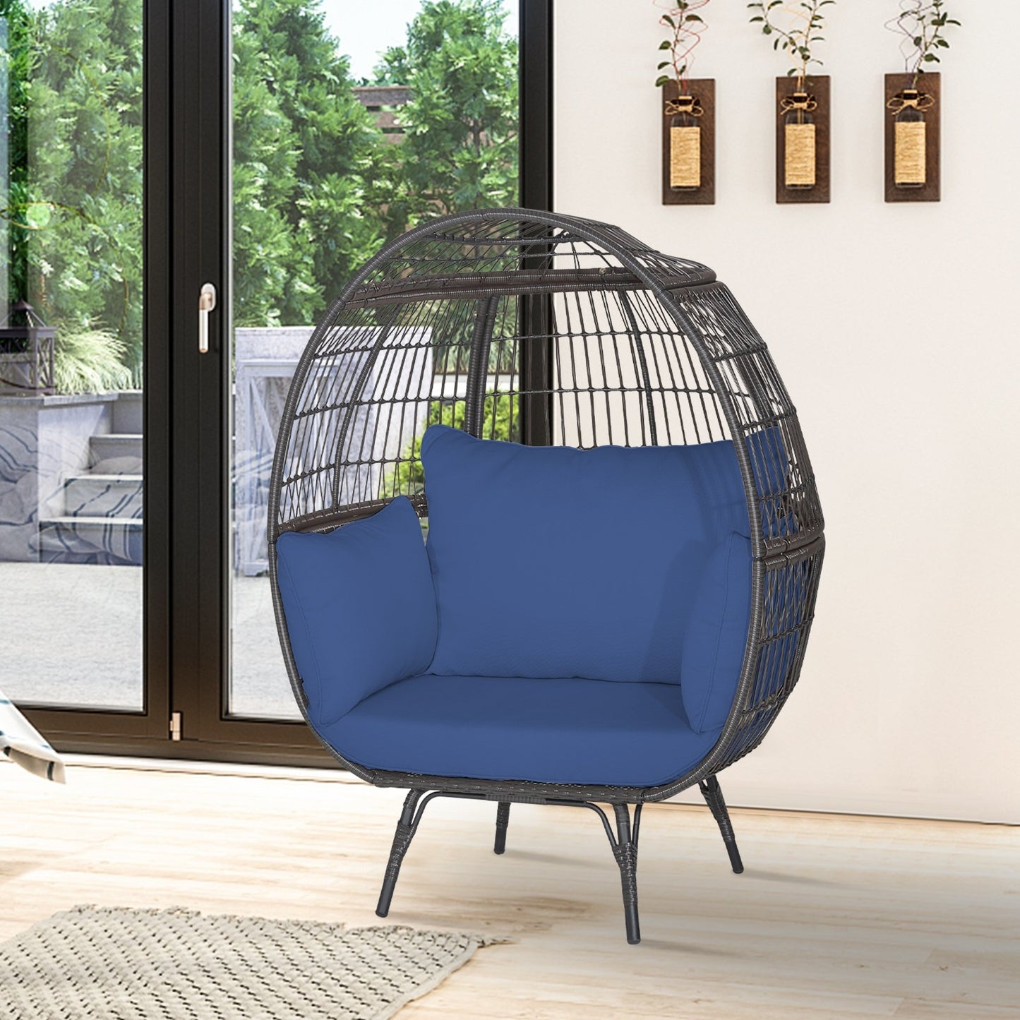Oversized Indoor Wicker Egg Chair with Sturdy Metal Frame for Patio-Black