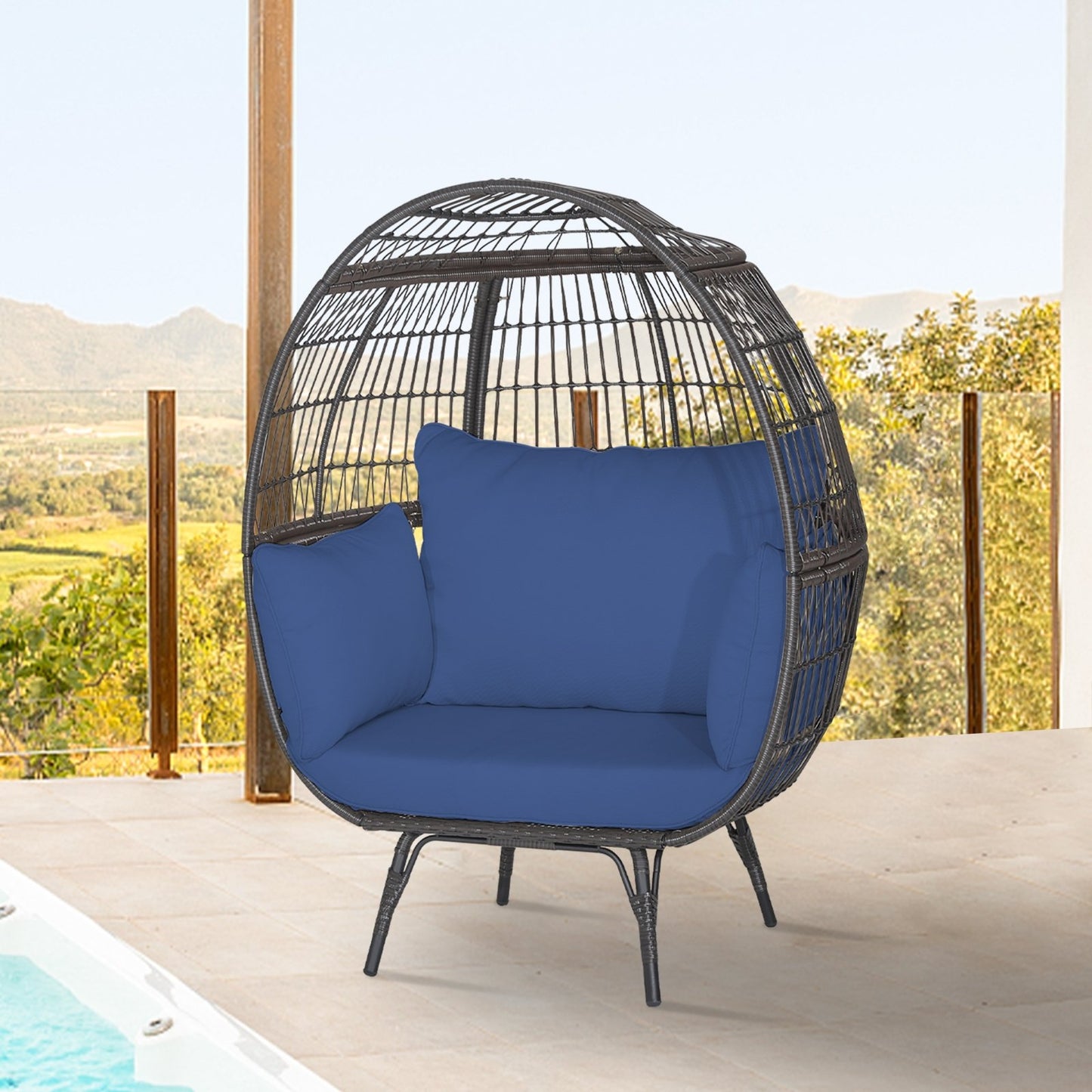 Oversized Indoor Wicker Egg Chair with Sturdy Metal Frame for Patio-Black