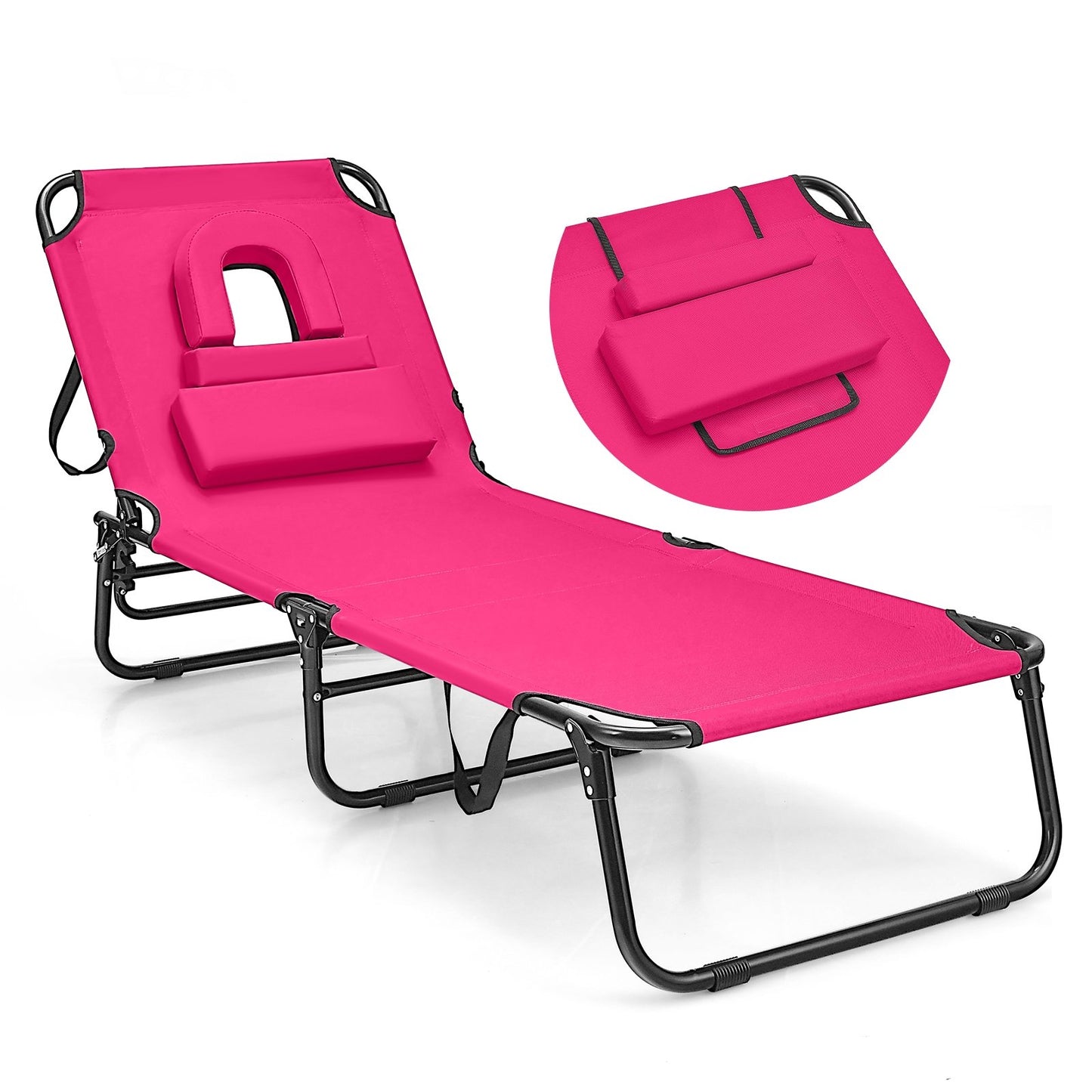Beach Chaise Lounge Chair with Face Hole and Removable Pillow-Beige