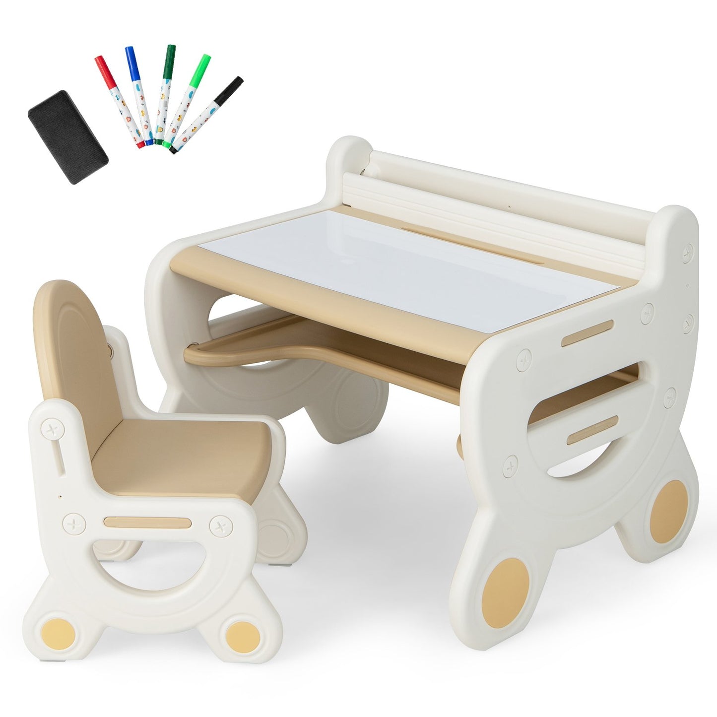 Kids Drawing Table and Chair Set with Watercolor Pens and Blackboard Eraser-Blue