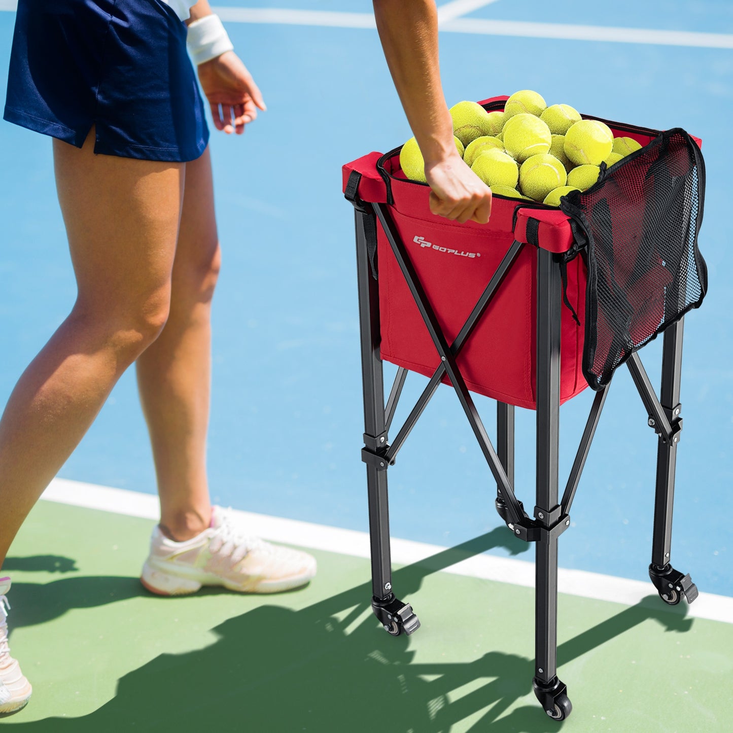Lightweight Foldable Tennis Ball Teaching Cart with Wheels and Removable Bag-Blue