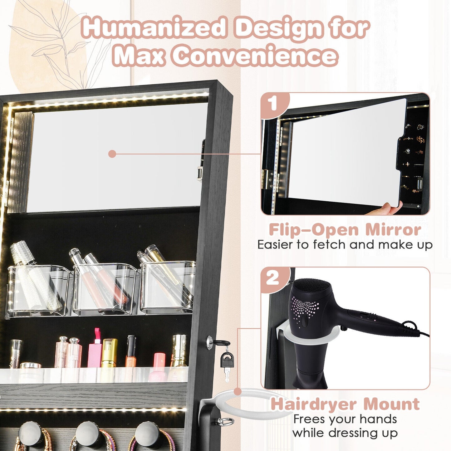 Freestanding Jewelry Cabinet with Full Length Mirror-Black