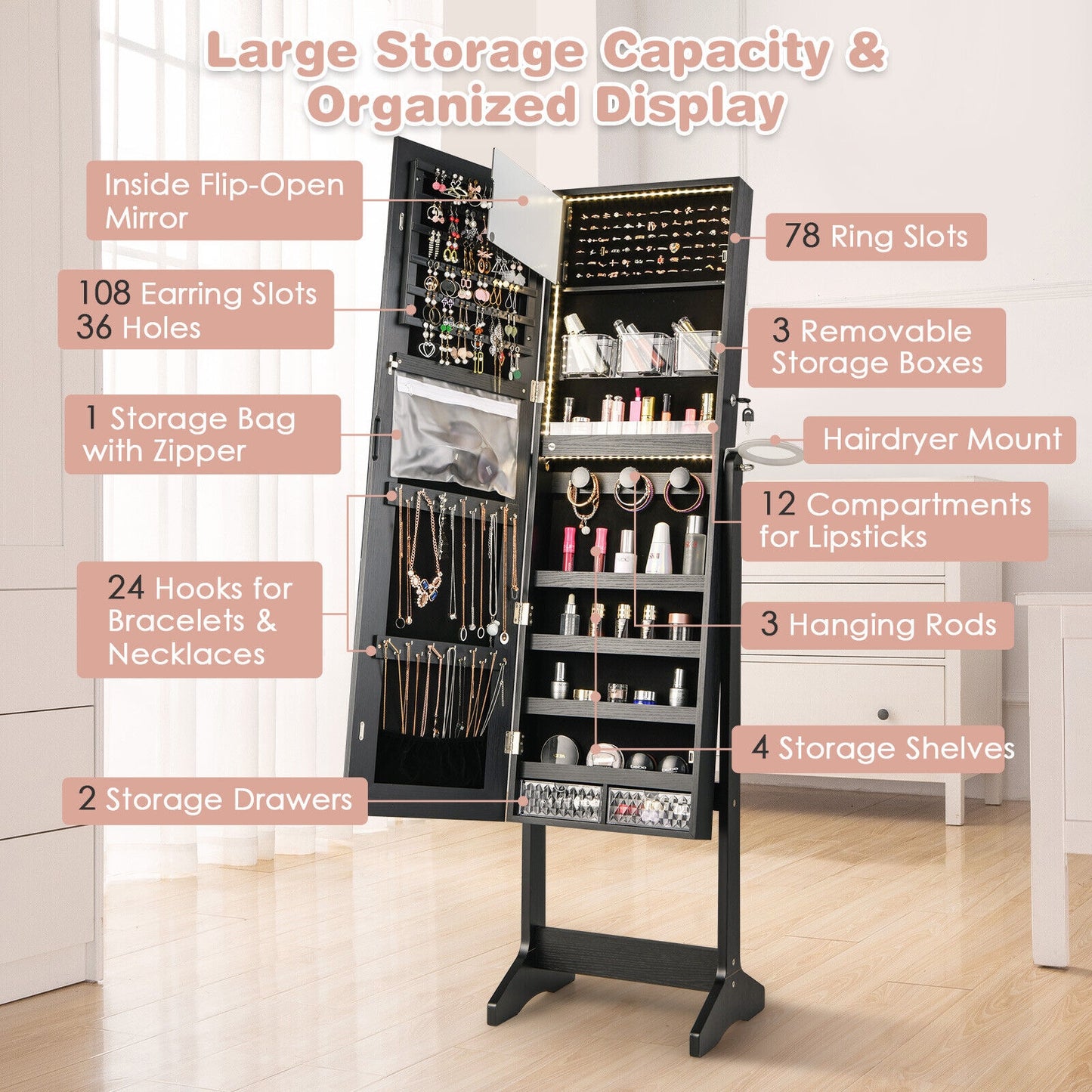 Freestanding Jewelry Cabinet with Full Length Mirror-Black