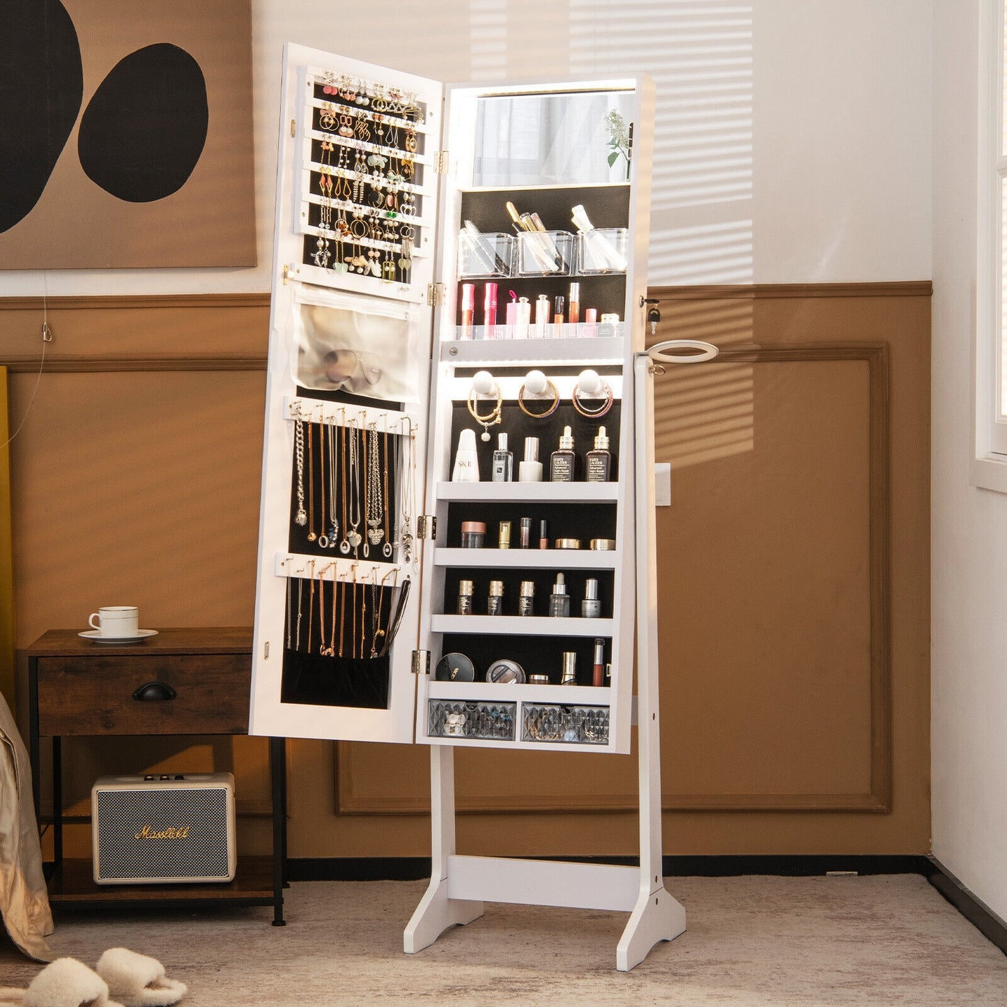 Freestanding Jewelry Cabinet with Full Length Mirror and LED Lights-White