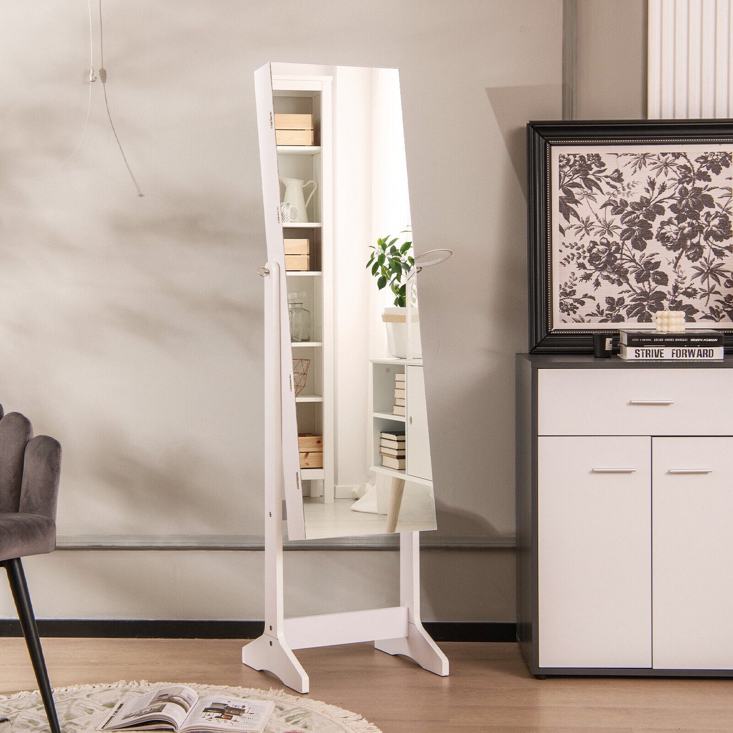 Freestanding Jewelry Cabinet with Full Length Mirror and LED Lights-White