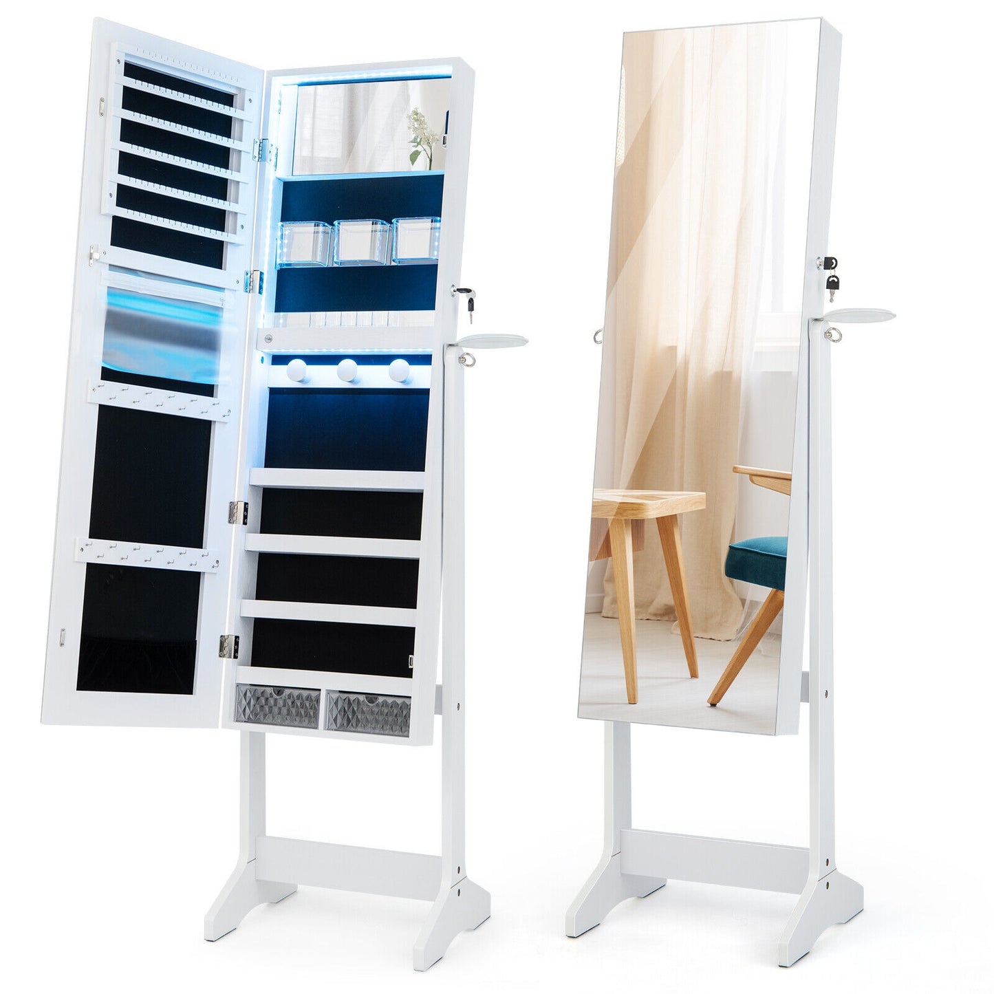 Freestanding Jewelry Cabinet with Full Length Mirror and LED Lights-White