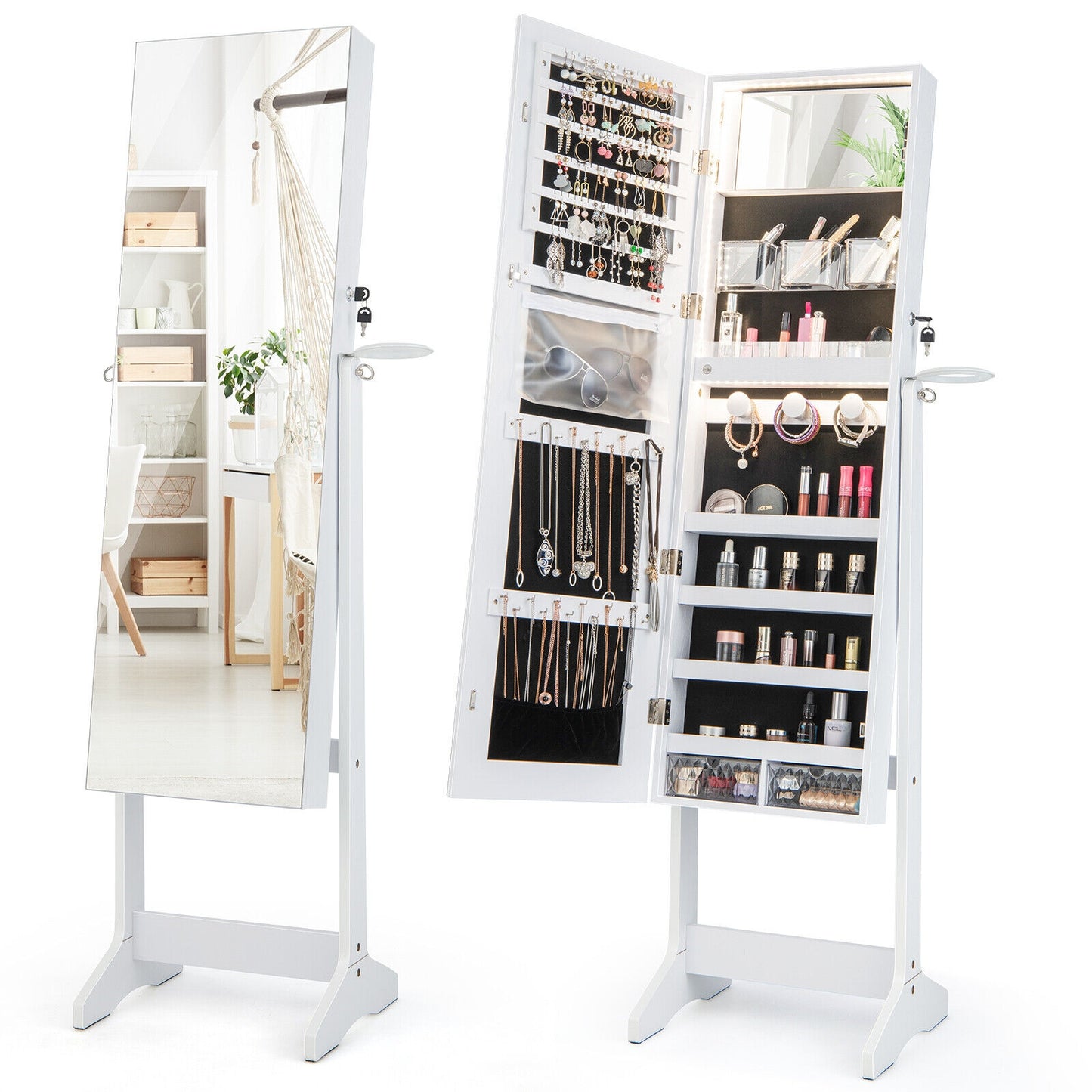 Freestanding Jewelry Cabinet with Full Length Mirror and LED Lights-White
