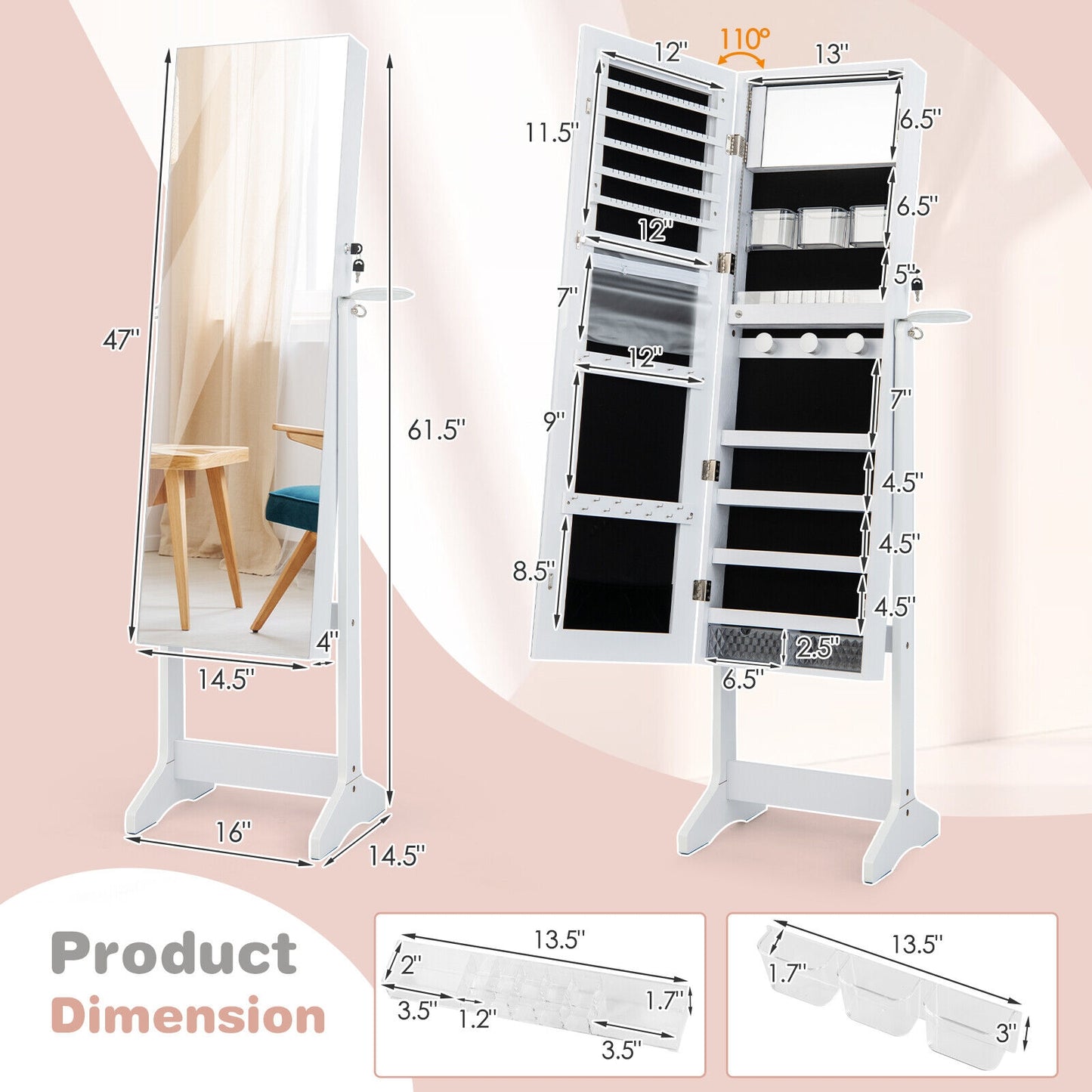 Freestanding Jewelry Cabinet with Full Length Mirror and LED Lights-White