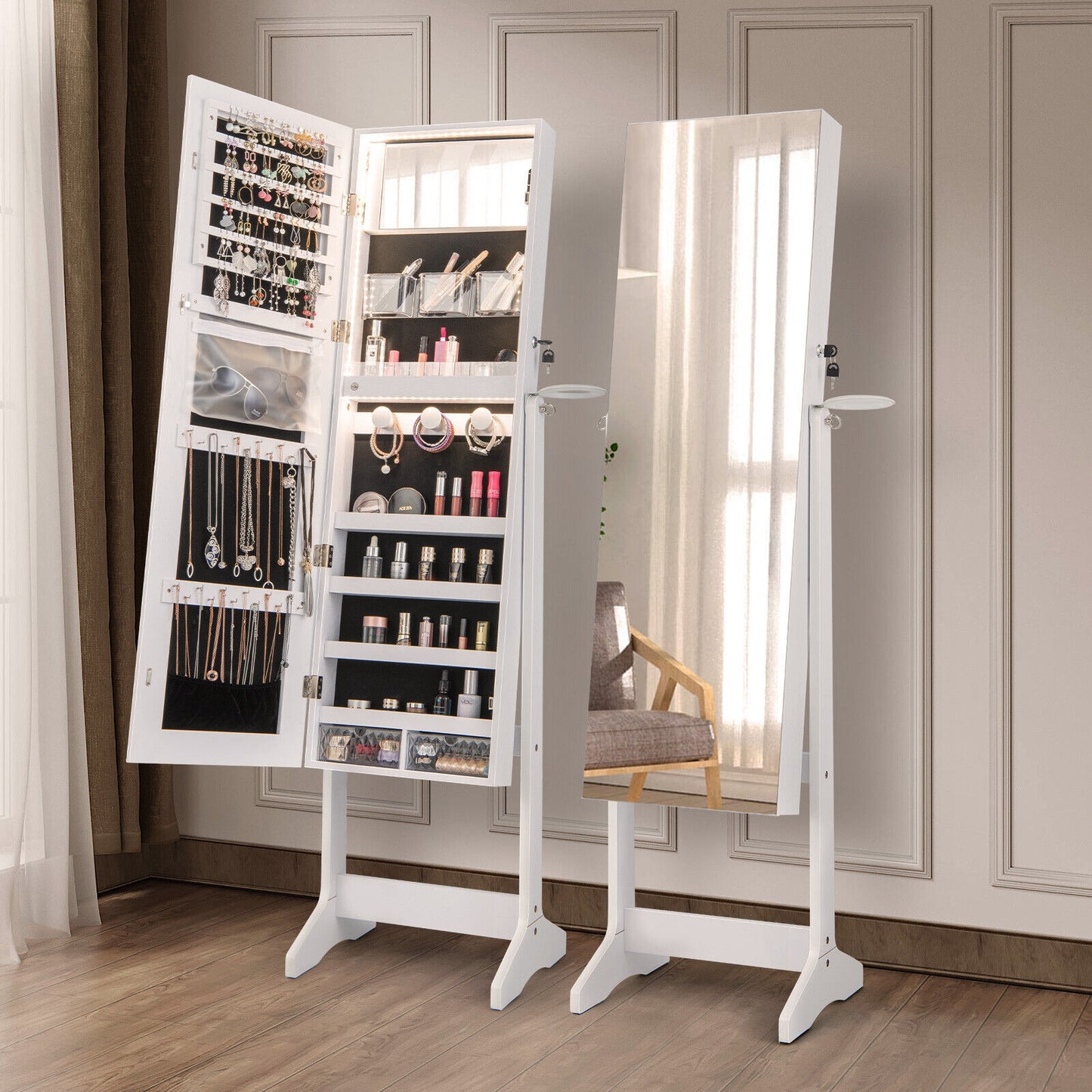 Freestanding Jewelry Cabinet with Full Length Mirror and LED Lights-White