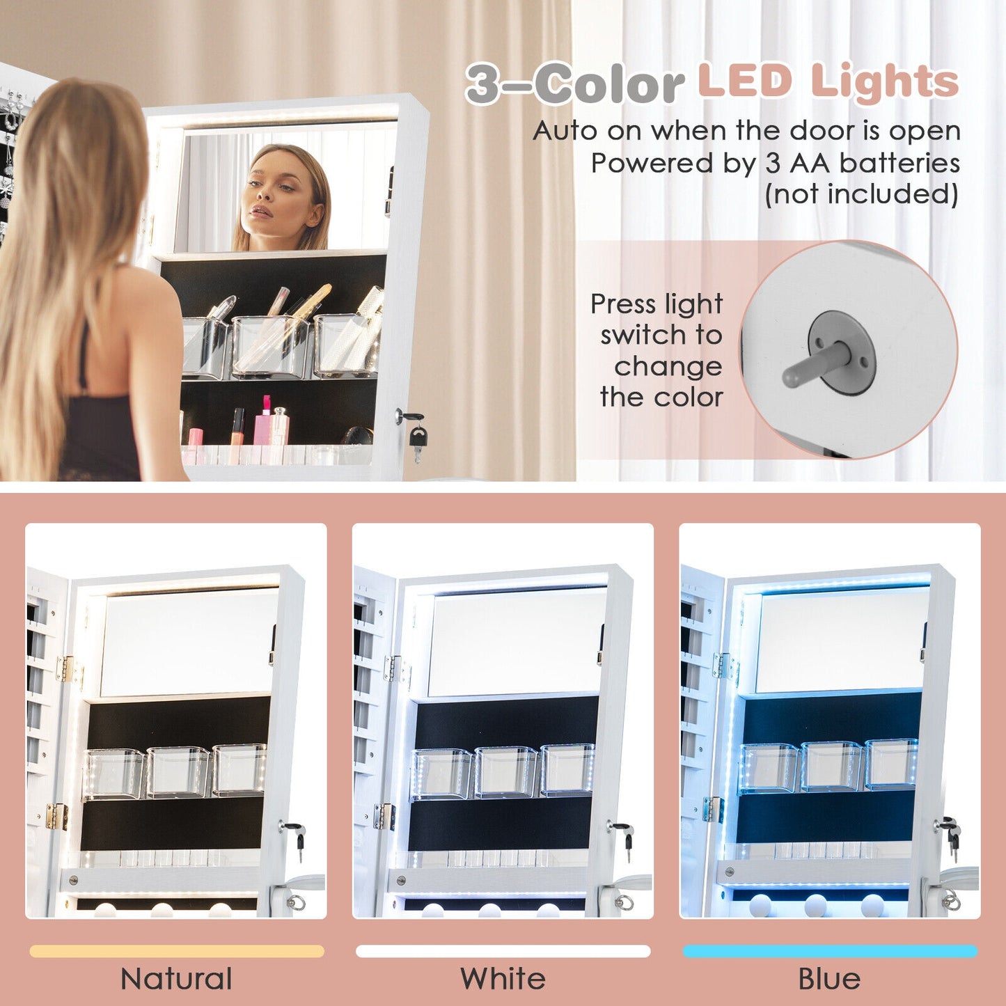 Freestanding Jewelry Cabinet with Full Length Mirror and LED Lights-White