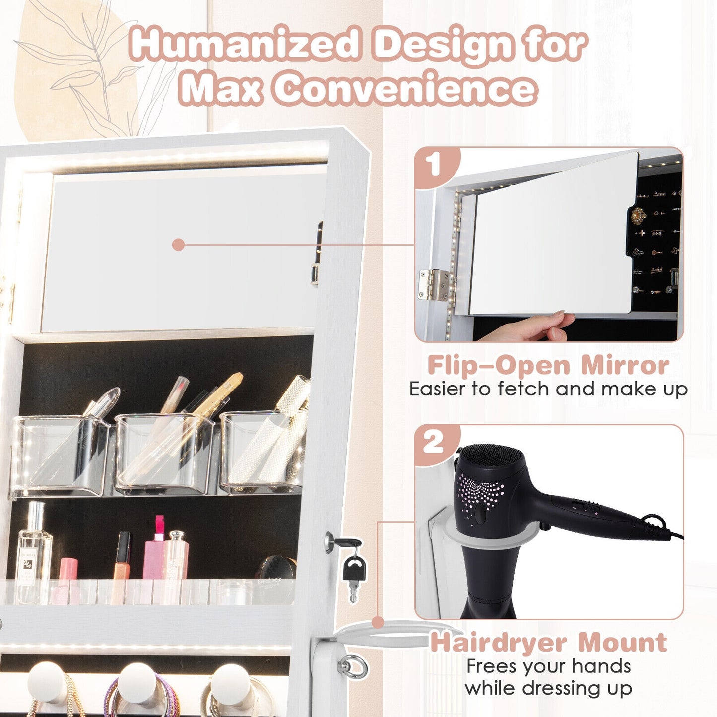 Freestanding Jewelry Cabinet with Full Length Mirror and LED Lights-White