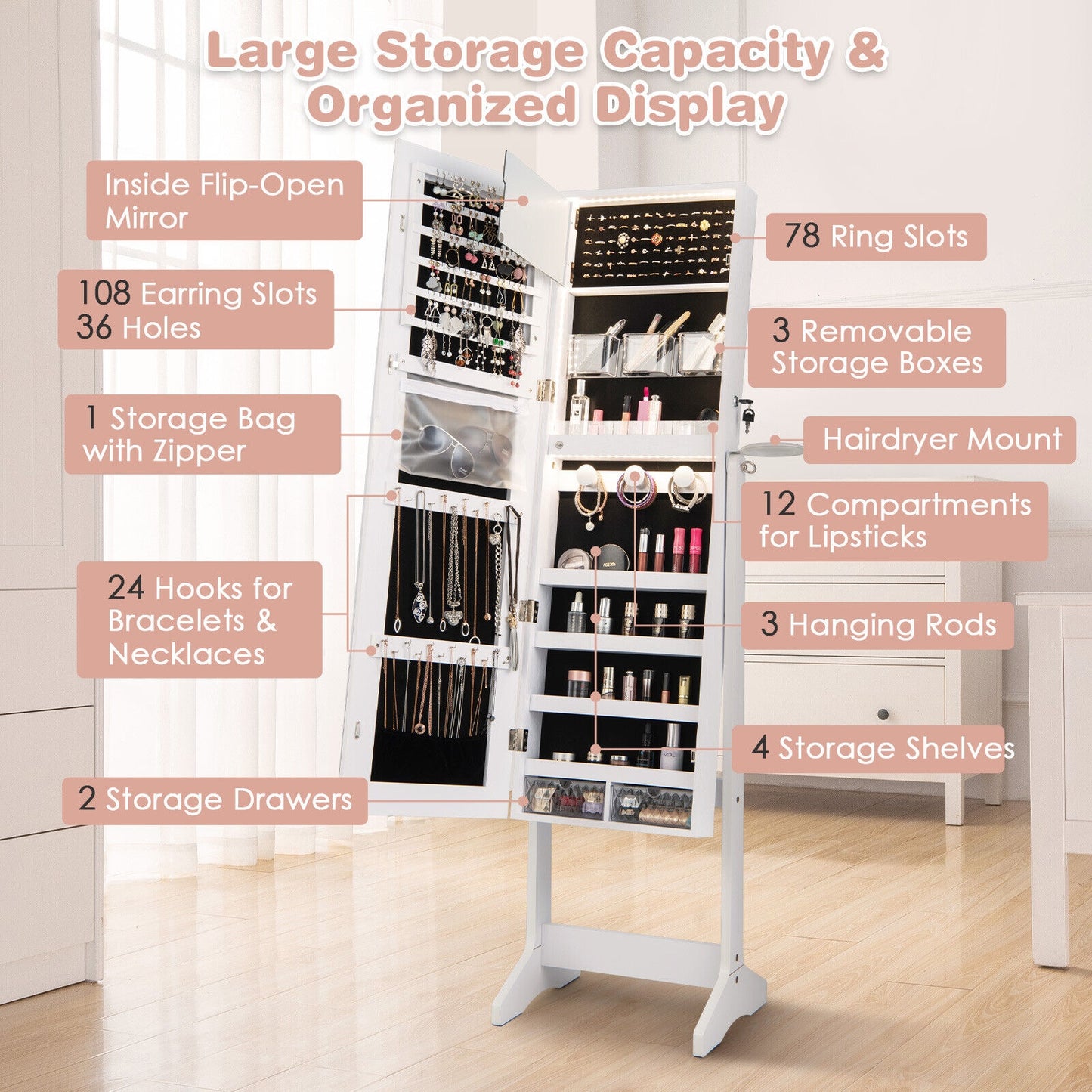 Freestanding Jewelry Cabinet with Full Length Mirror and LED Lights-White