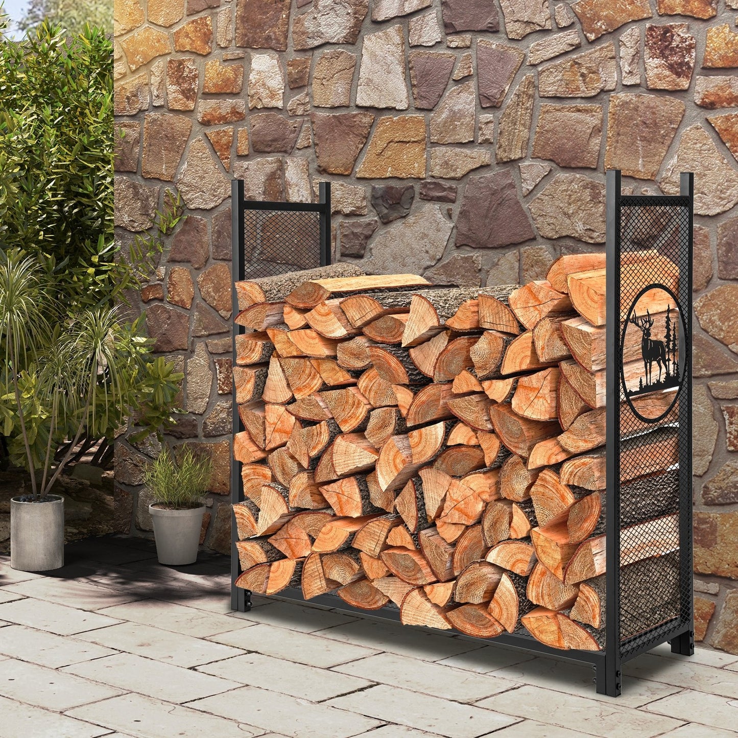 4-foot firewood rack stand with mesh sides for outdoor log storage, sturdy metal frame for easy firewood organization.