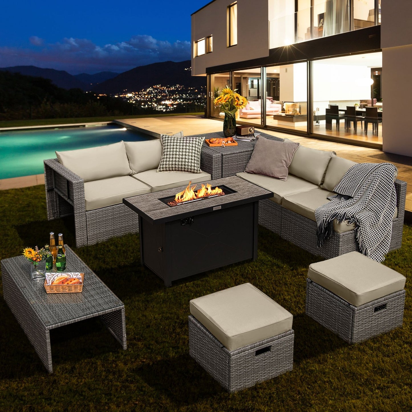 9 Pieces Patio Furniture Set with 42 Inches 60000 BTU Fire Pit-Black