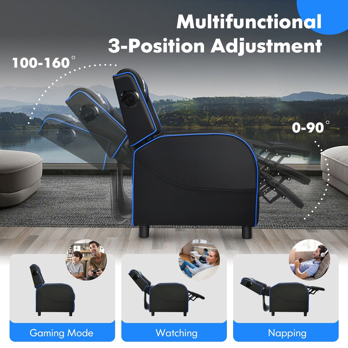PU Leather Massage Gaming Recliner Chair with Side Pockets-Blue