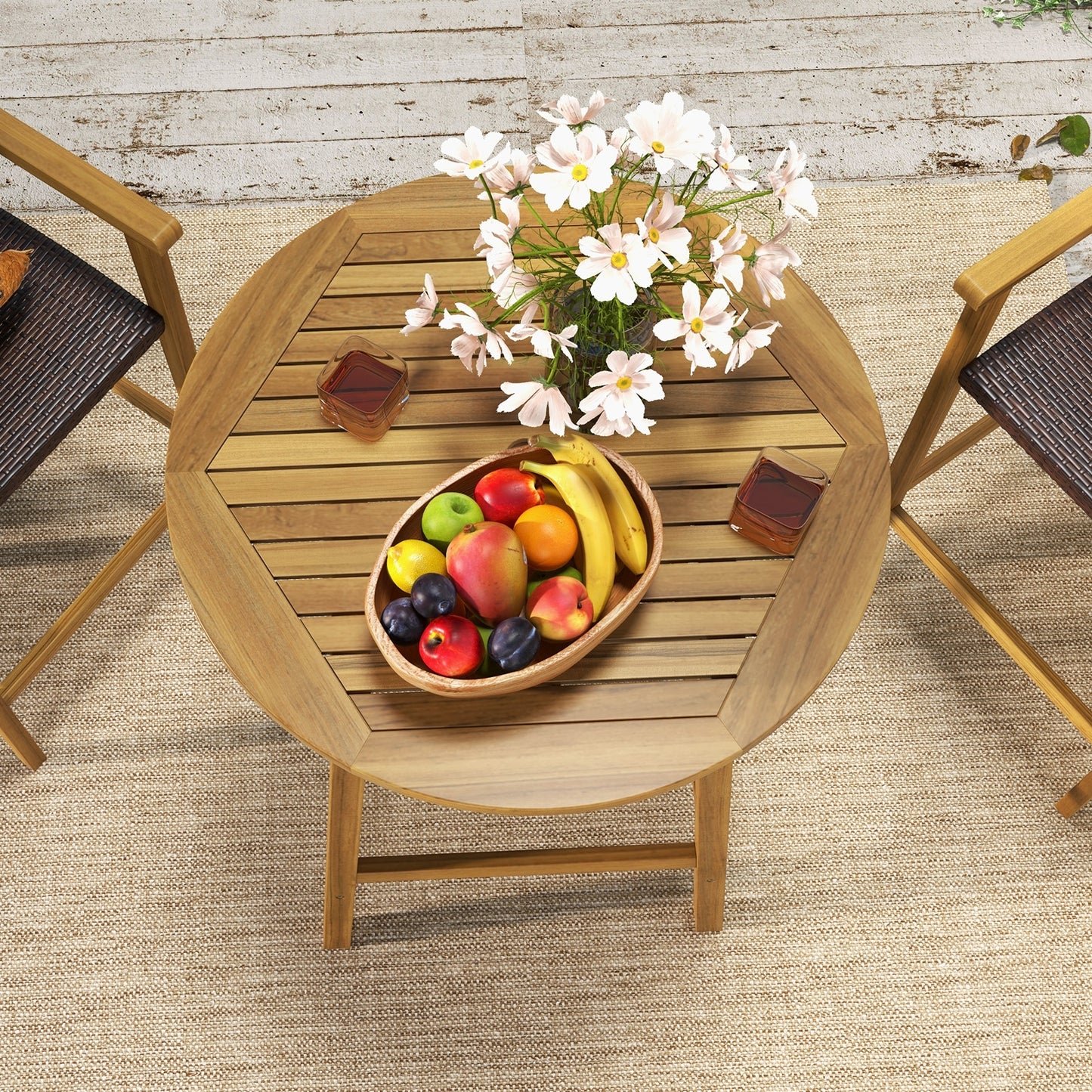 Bar Height Table with Umbrella Hole and Slatted Tabletop for Outdoors