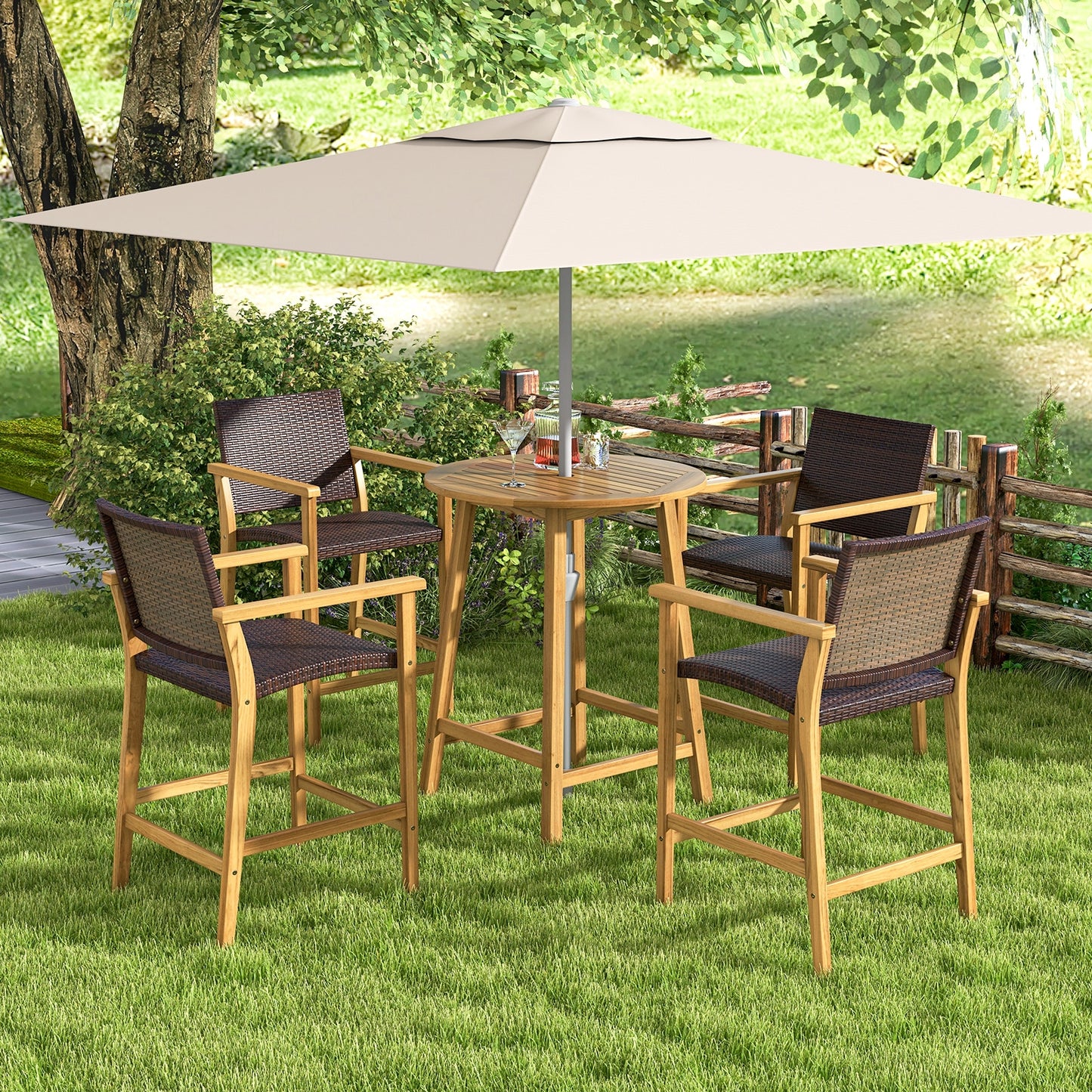 Bar Height Table with Umbrella Hole and Slatted Tabletop for Outdoors