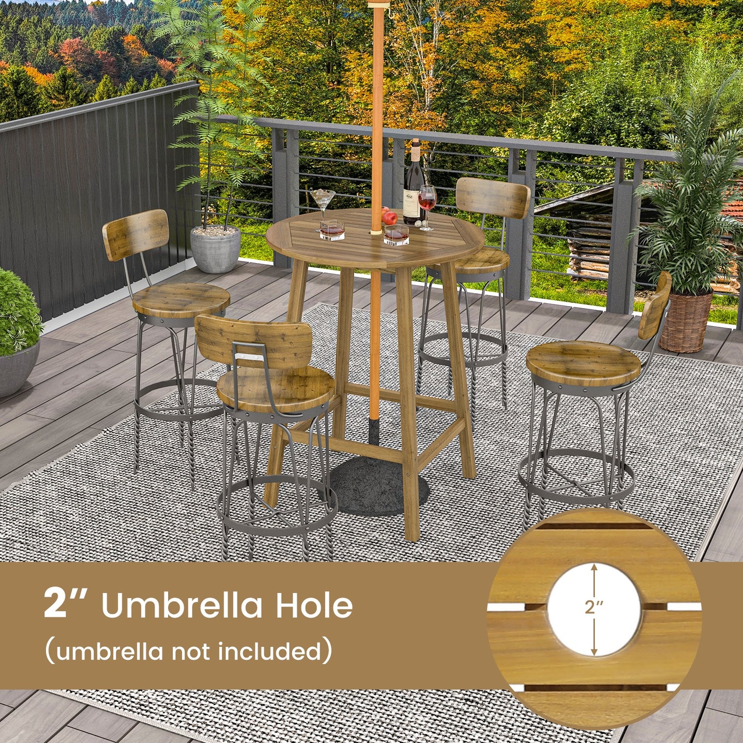 Bar Height Table with Umbrella Hole and Slatted Tabletop for Outdoors