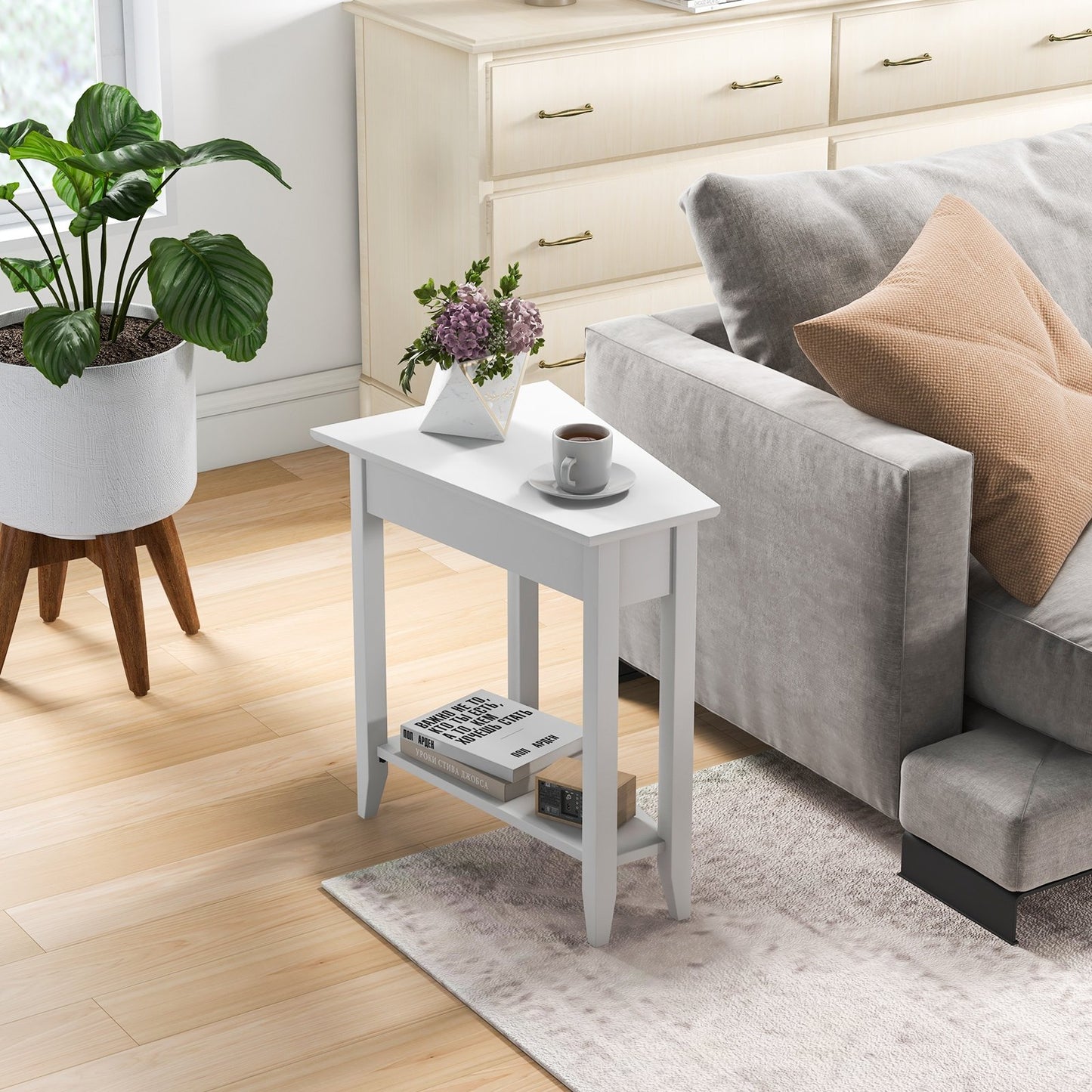 2-Tier Wedge Narrow End Table with Storage Shelf and Solid Wood Legs-Espresso