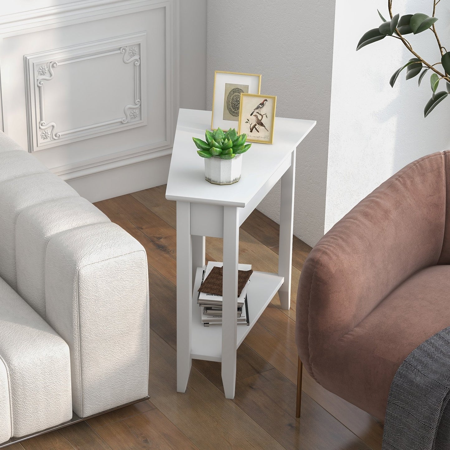 2-Tier Wedge Narrow End Table with Storage Shelf and Solid Wood Legs-Espresso
