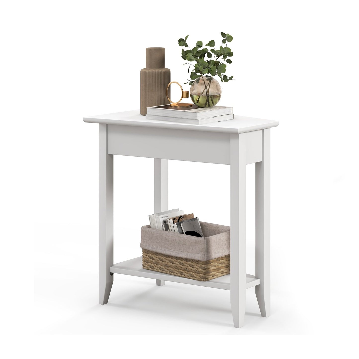 2-Tier Wedge Narrow End Table with Storage Shelf and Solid Wood Legs-Espresso