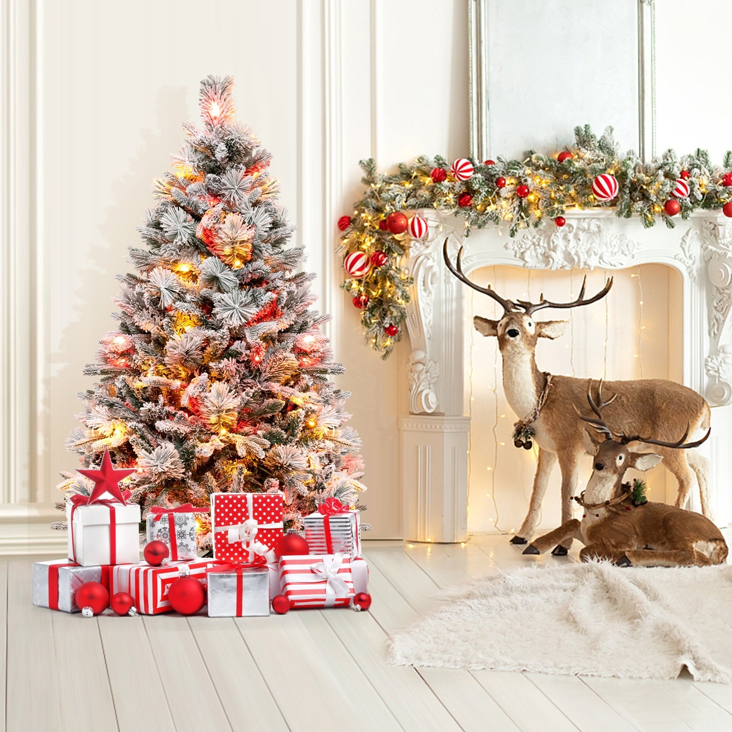 4.5/6/7 Feet Artificial Xmas Tree with Pine Needles and LED Lights-6 ft