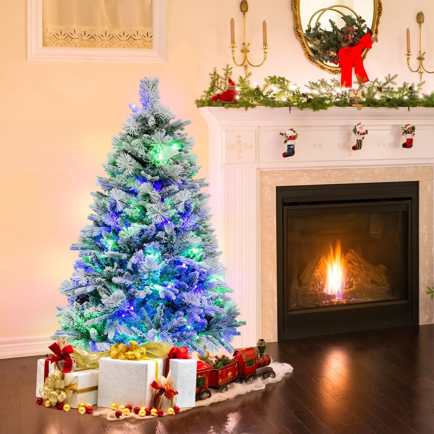 4.5/6/7 Feet Artificial Xmas Tree with Pine Needles and LED Lights-6 ft