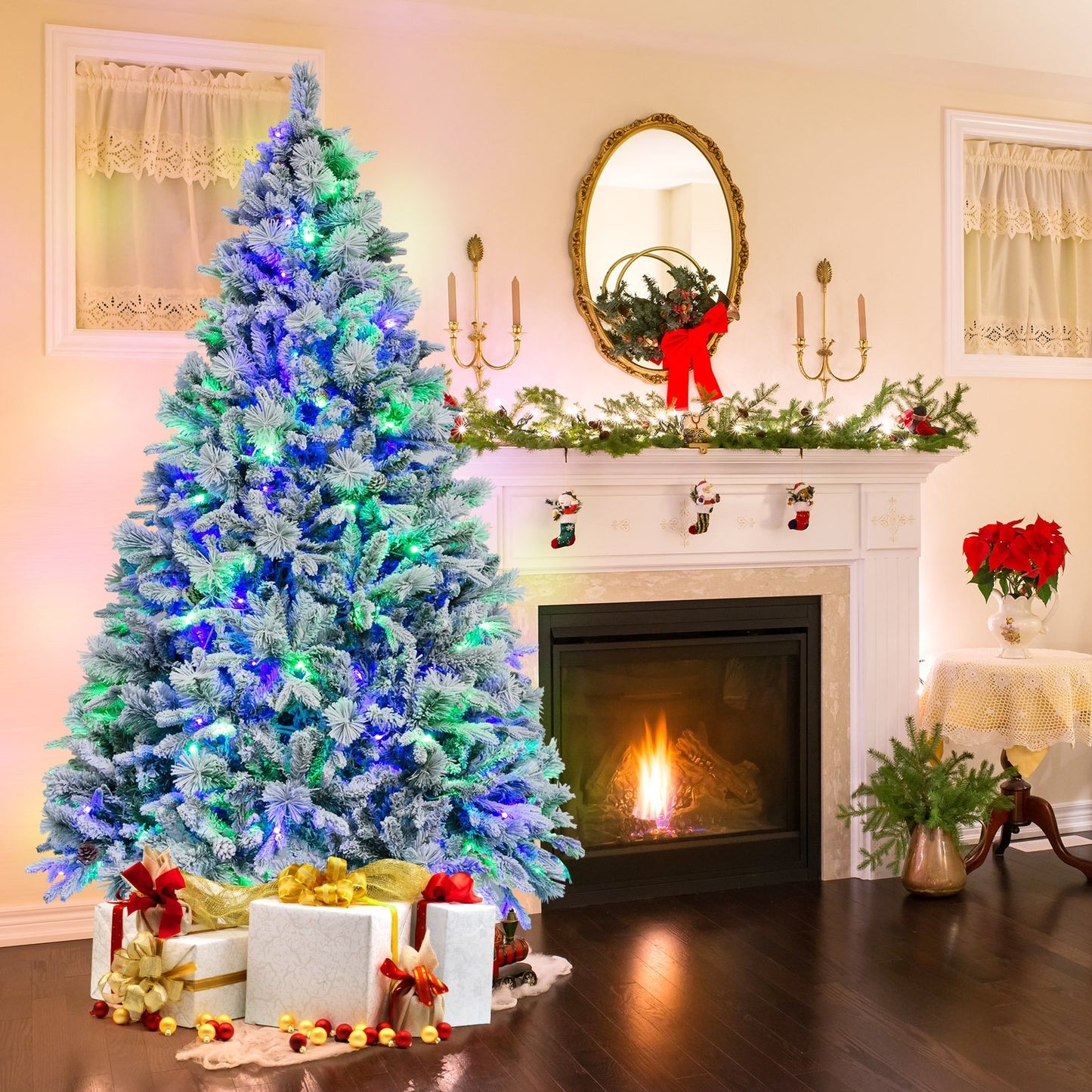 4.5/6/7 Feet Artificial Xmas Tree with Pine Needles and LED Lights-6 ft