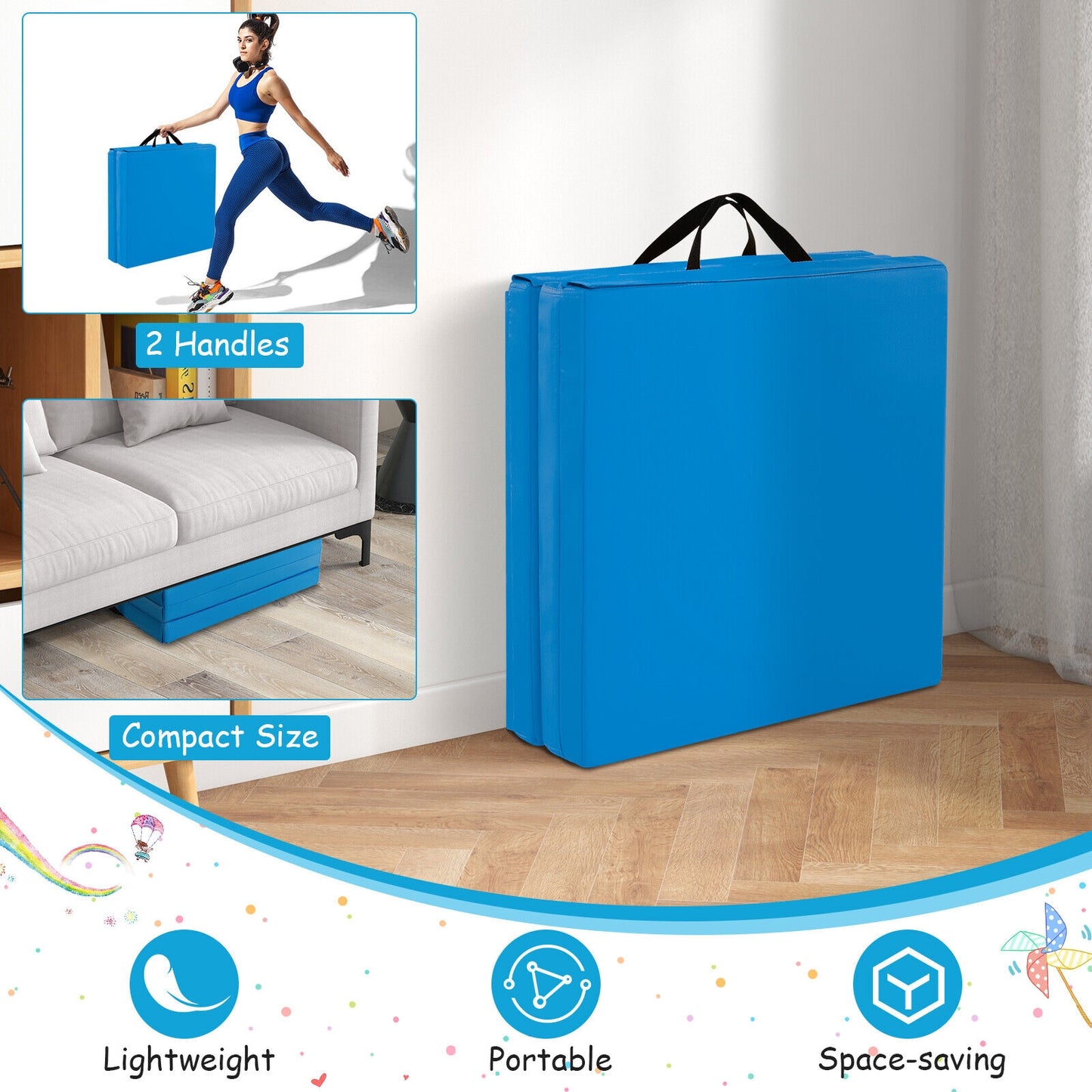 6 x 2 FT Tri-Fold Gym Mat with Handles and Removable Zippered Cover-Blue