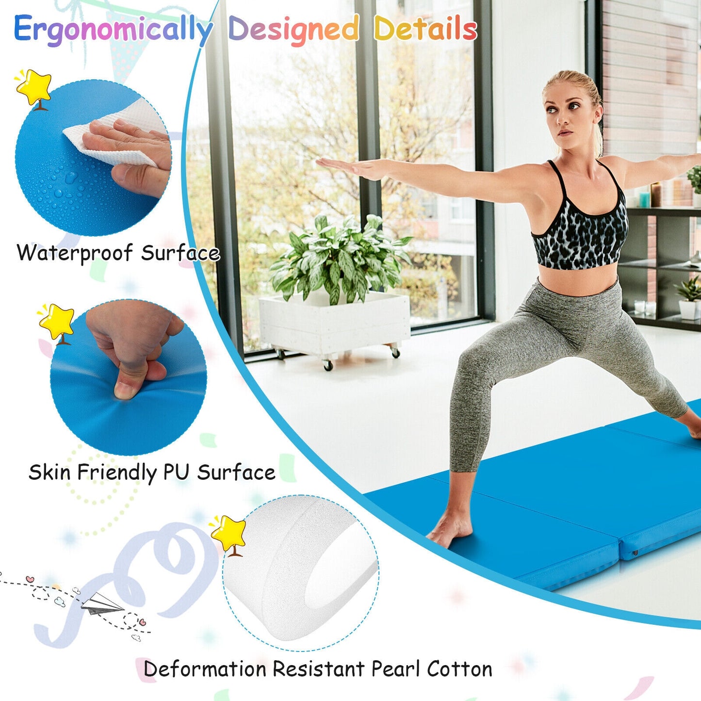 6 x 2 FT Tri-Fold Gym Mat with Handles and Removable Zippered Cover-Blue