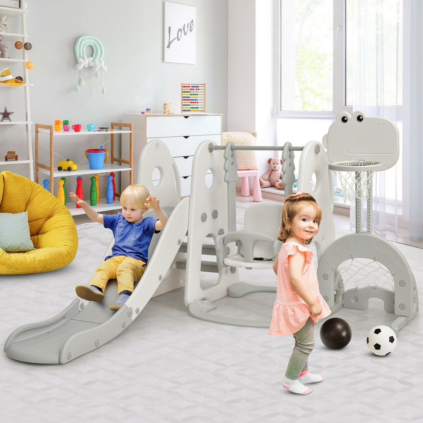 6 in 1 Toddler Slide and Swing Set with Ball Games-Orange