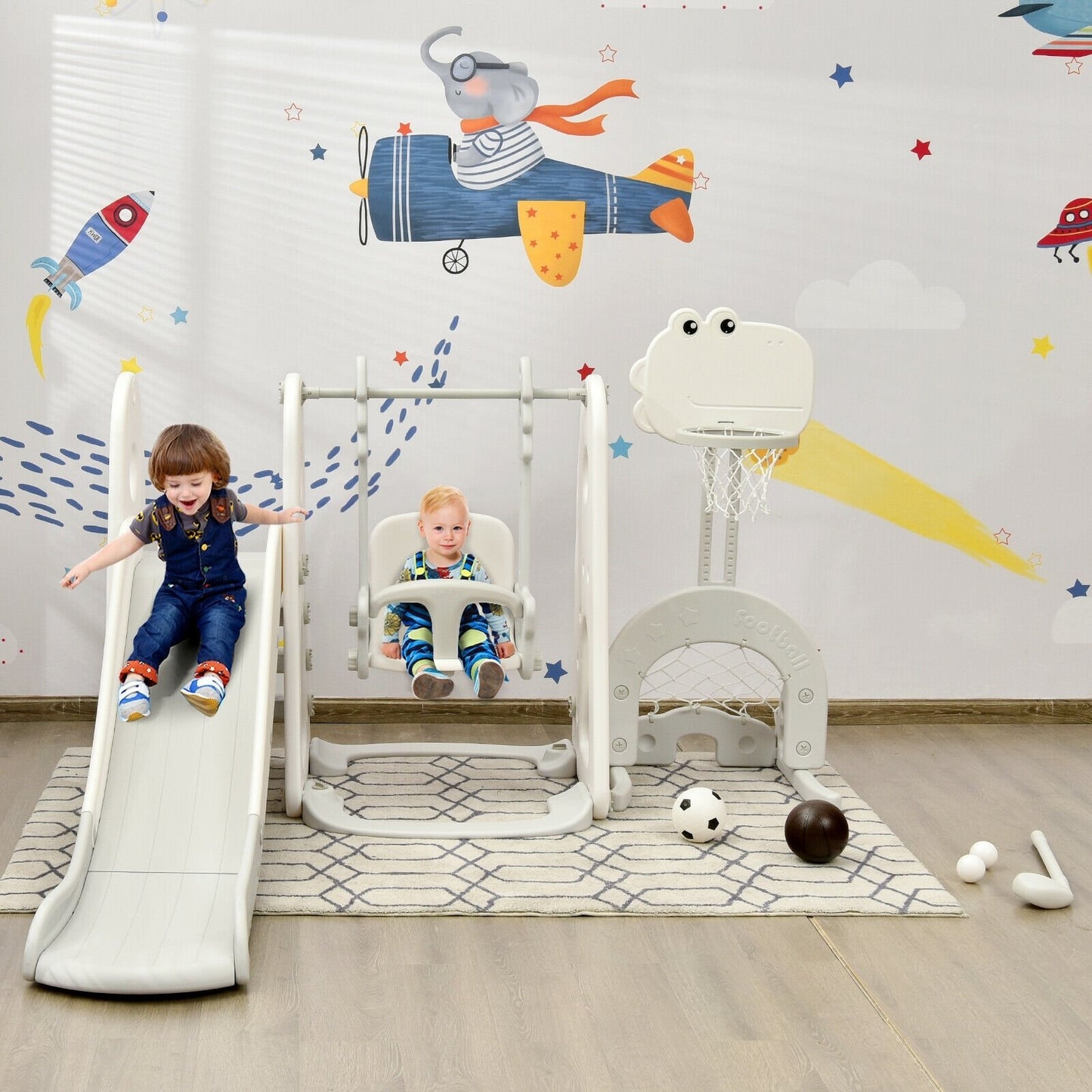 6 in 1 Toddler Slide and Swing Set with Ball Games-Orange
