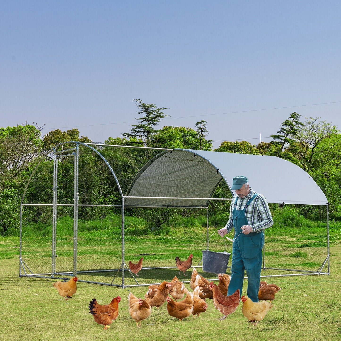 12.5 Feet Metal Chicken Coop Outdoor Galvanized Dome Cage with Cover-M