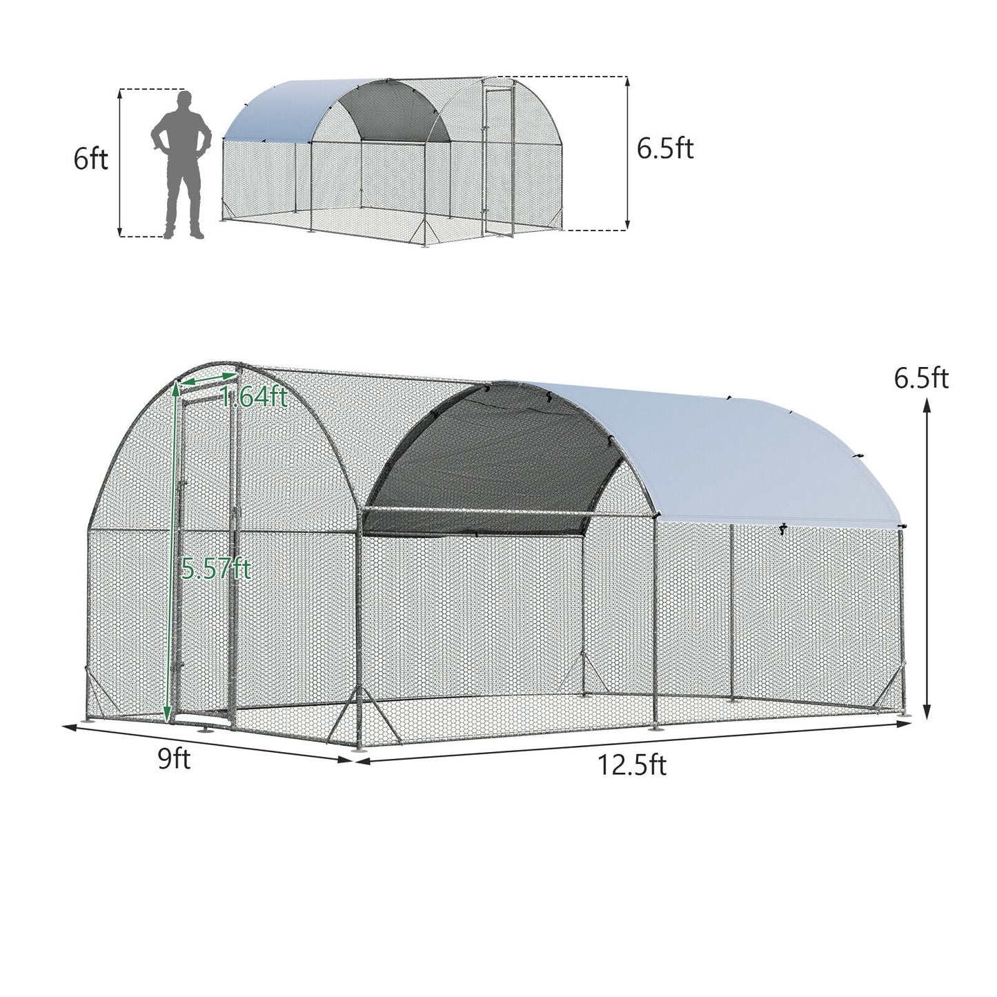 12.5 Feet Metal Chicken Coop Outdoor Galvanized Dome Cage with Cover-M