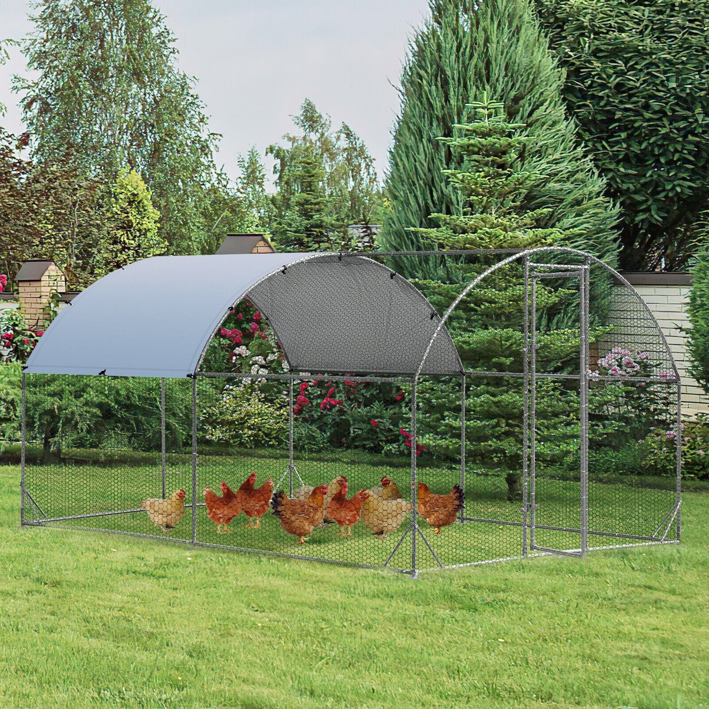 12.5 Feet Metal Chicken Coop Outdoor Galvanized Dome Cage with Cover-M