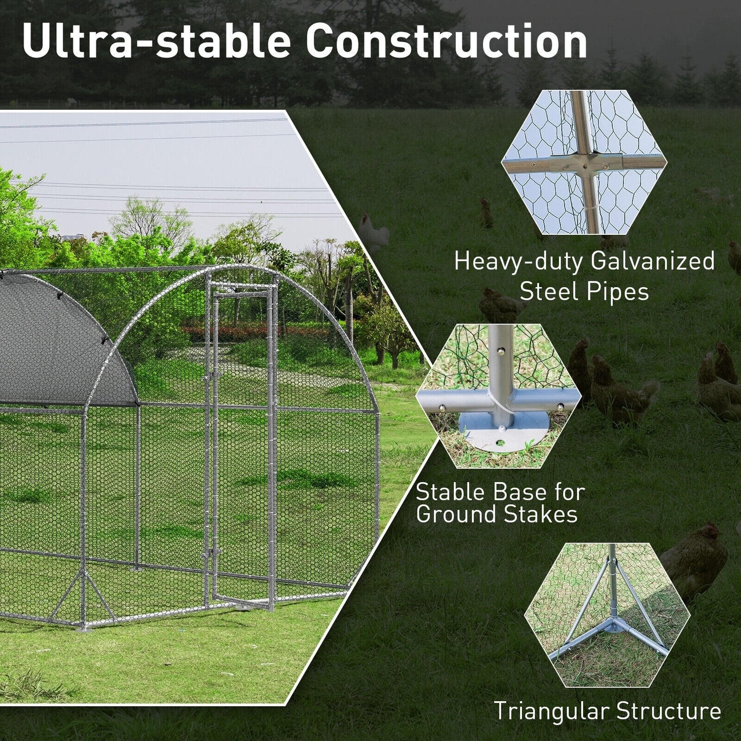 12.5 Feet Metal Chicken Coop Outdoor Galvanized Dome Cage with Cover-M
