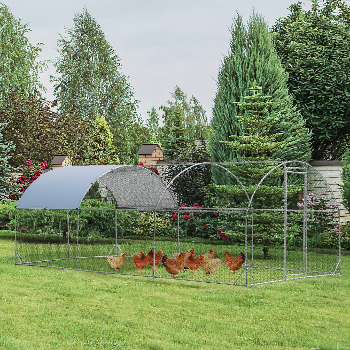 19 Feet Large Metal Chicken Coop Outdoor Galvanized Dome Cage with Cover-L
