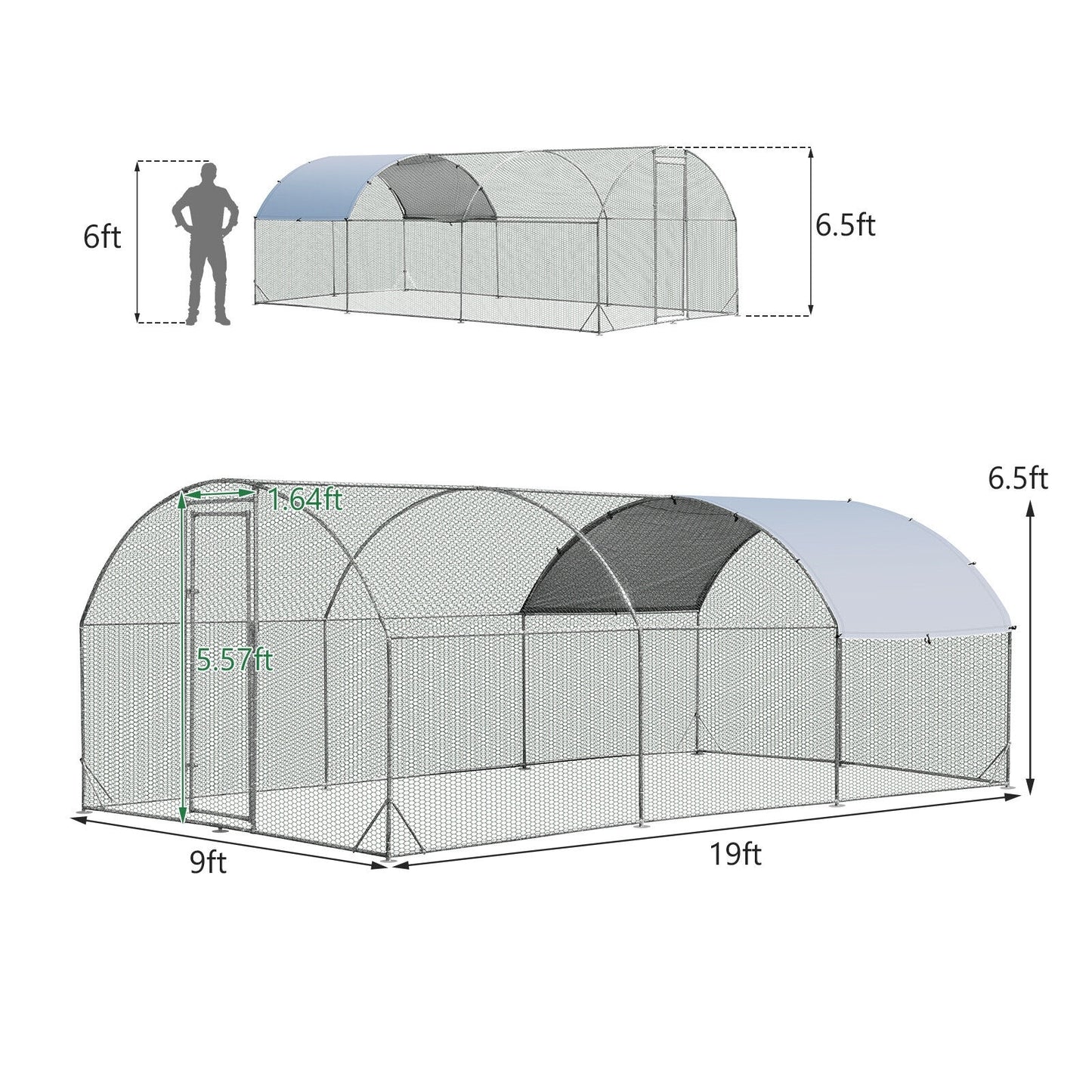 19 Feet Large Metal Chicken Coop Outdoor Galvanized Dome Cage with Cover-L