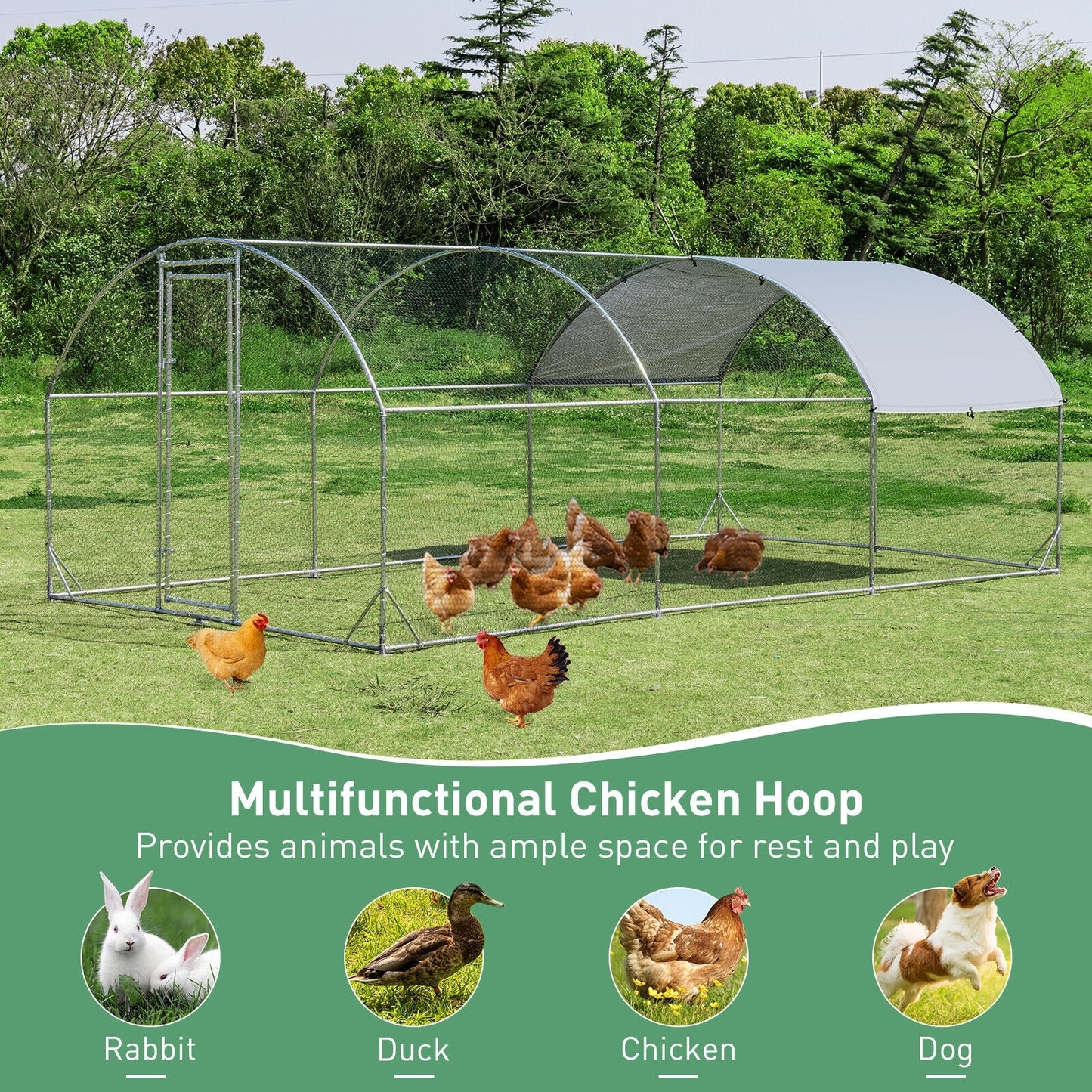 19 Feet Large Metal Chicken Coop Outdoor Galvanized Dome Cage with Cover-L