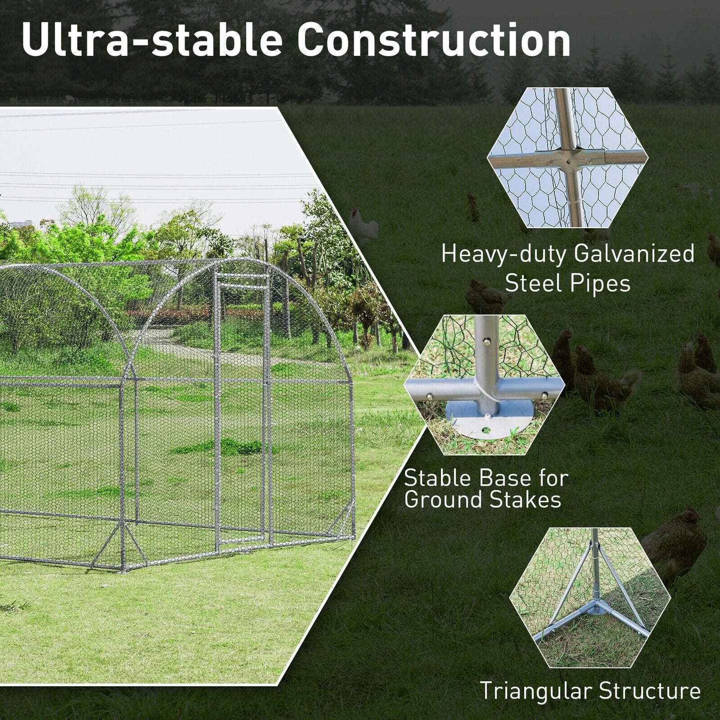 19 Feet Large Metal Chicken Coop Outdoor Galvanized Dome Cage with Cover-L