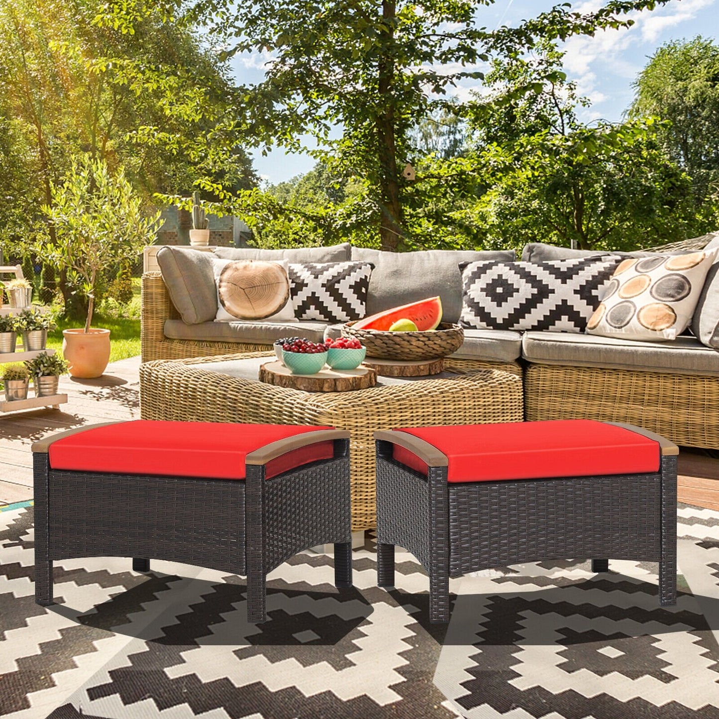 Set of 2 Fade-Resistant Wicker Patio Ottoman-Brown