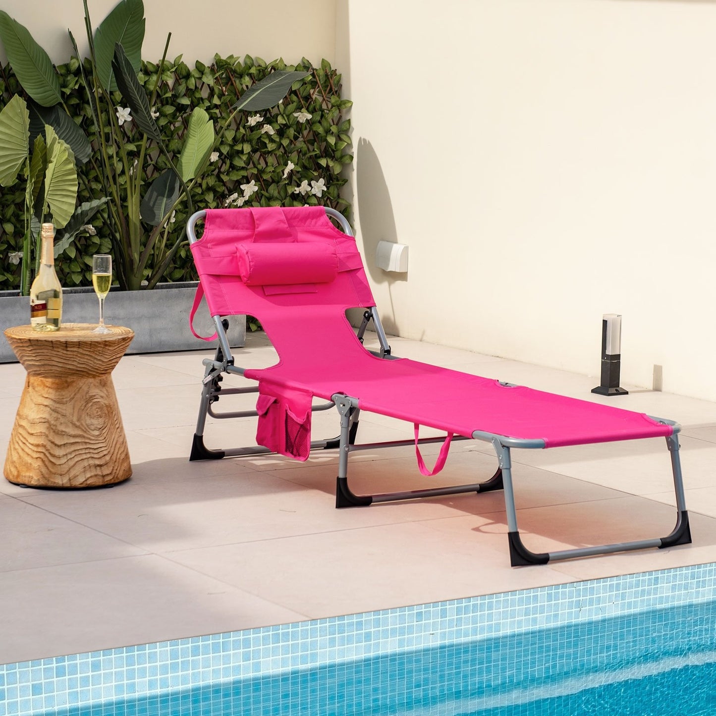 Folding Beach Lounge Chair with Pillow for Outdoor-Beige