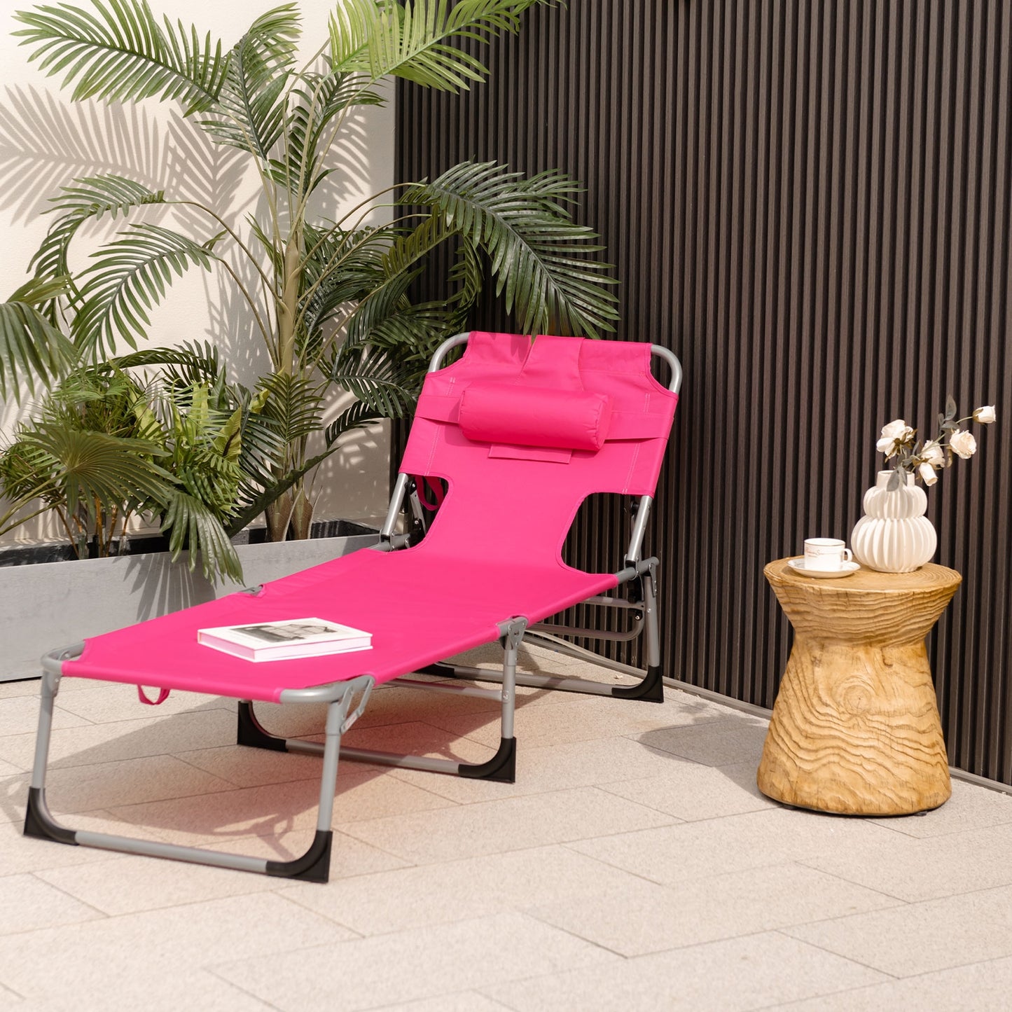 Folding Beach Lounge Chair with Pillow for Outdoor-Beige