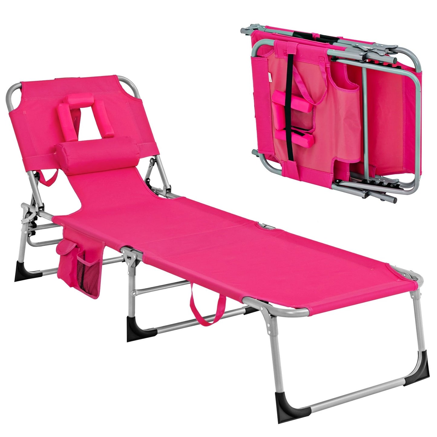 Folding Beach Lounge Chair with Pillow for Outdoor-Beige